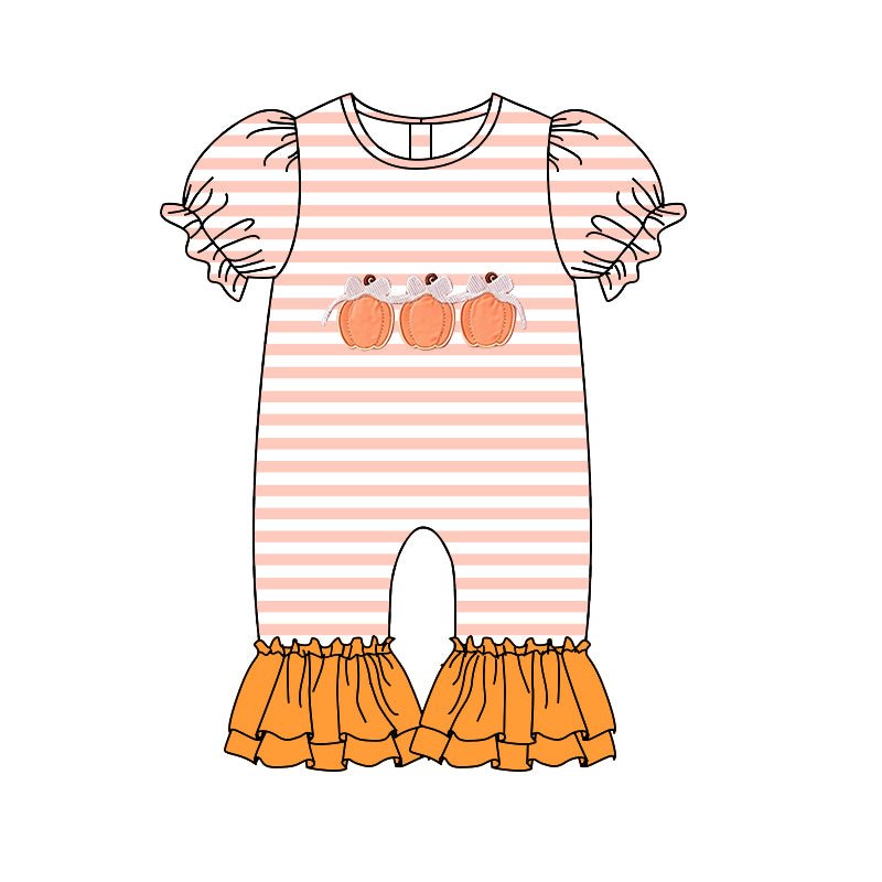 preorder SR4284 Pumpkin Bows Pink Striped Short Sleeve Girls Romper