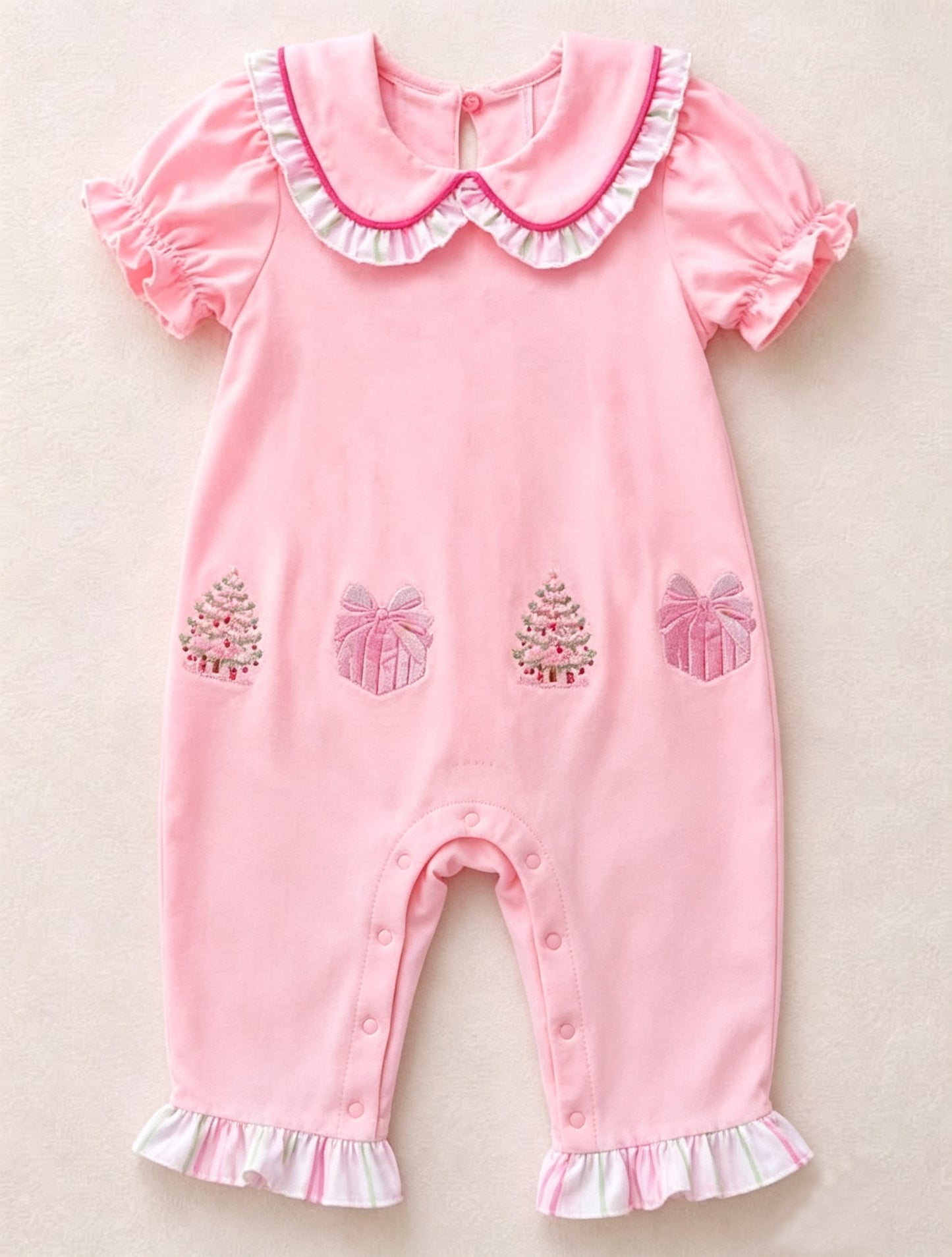 preorder SR4288 Christmas Tree Gift Pink Short Sleeve Girls Romper