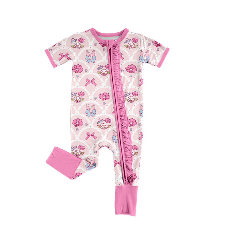 preorder SR4309 Easter Bunny Rabbit Flowers Zipper Short Sleeve Girls Romper