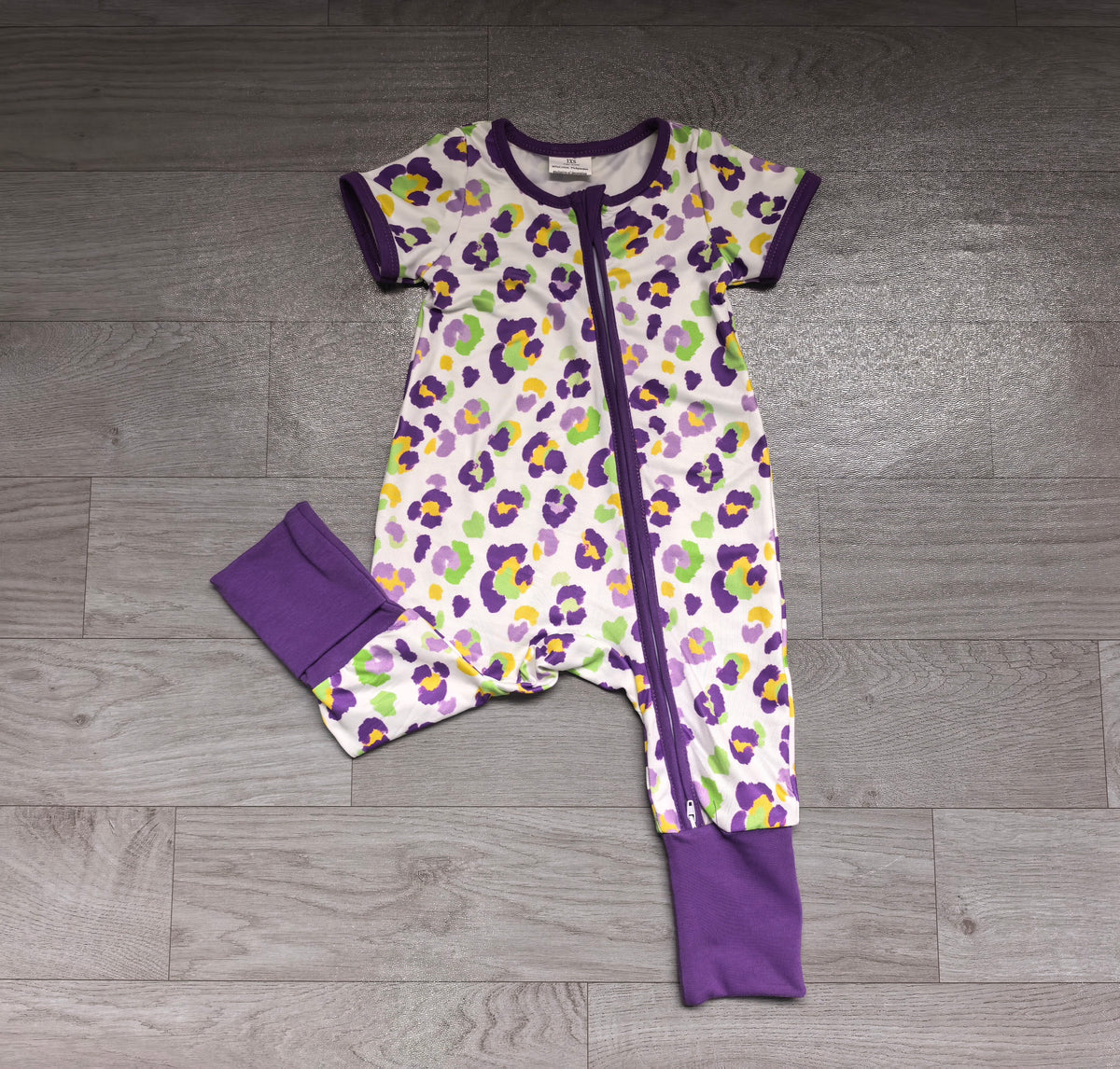 preorder Samples SR4312 Mardi Gras Leopard Purple Zipper Short Sleeve Girls Romper