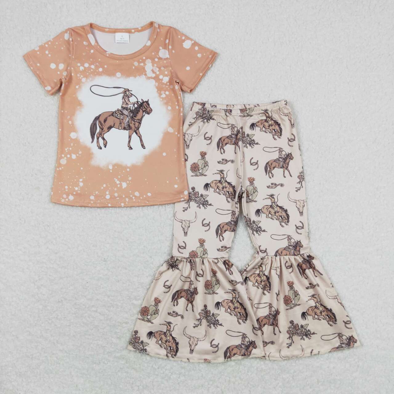 GSPO1437 Western rodeo orange short sleeve cow pants girls set