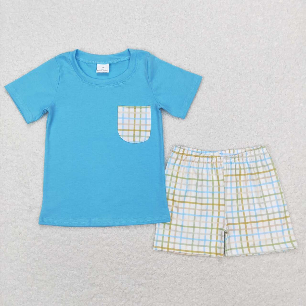 BSSO0372 Blue pocket short sleeve green checkered shorts boys set