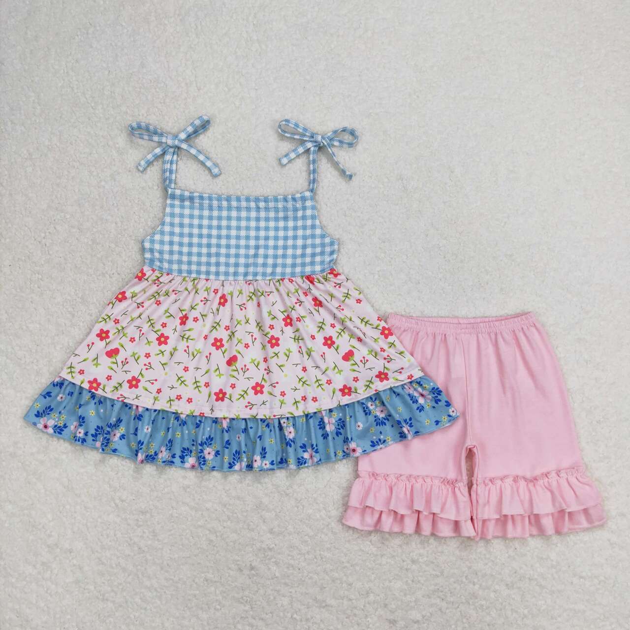 GSSO0836 flowers blue lace-up pink shorts girls trendy set