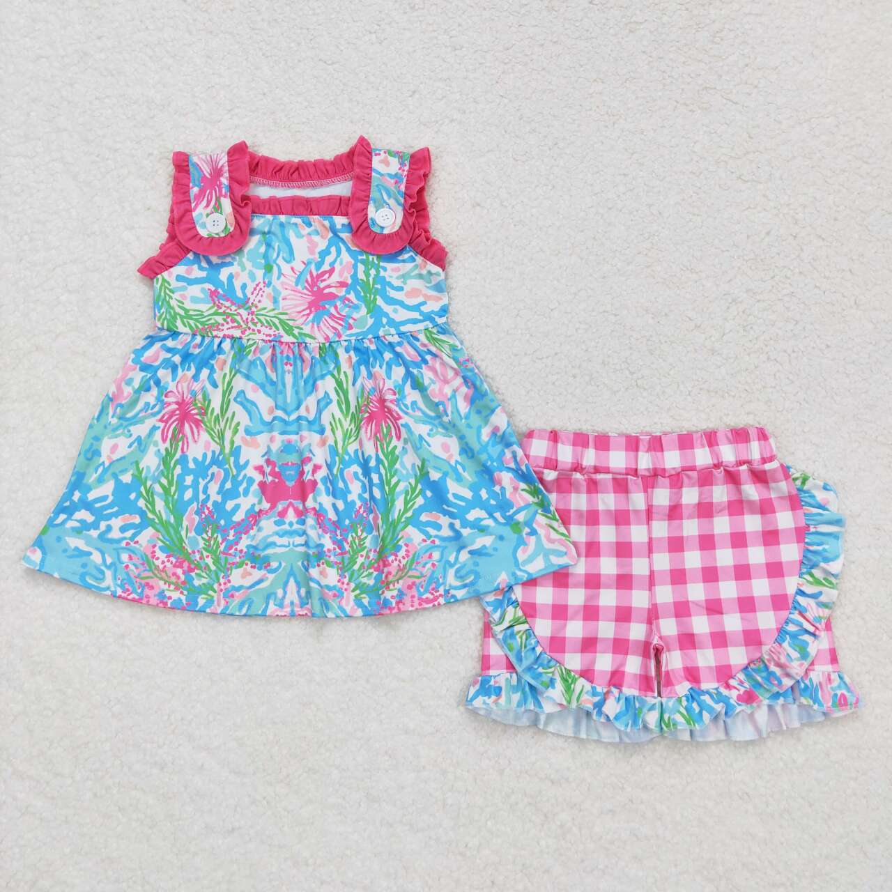 GSSO0845 colorful flowers sleeveless pink checkered shorts girls set