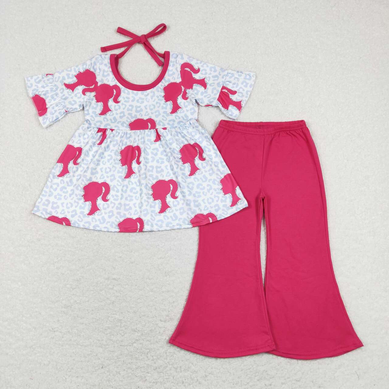 GSPO1187 Girl BA Cartoon Blue Leopard Short Sleeve Hot Pink Pants Girls Set