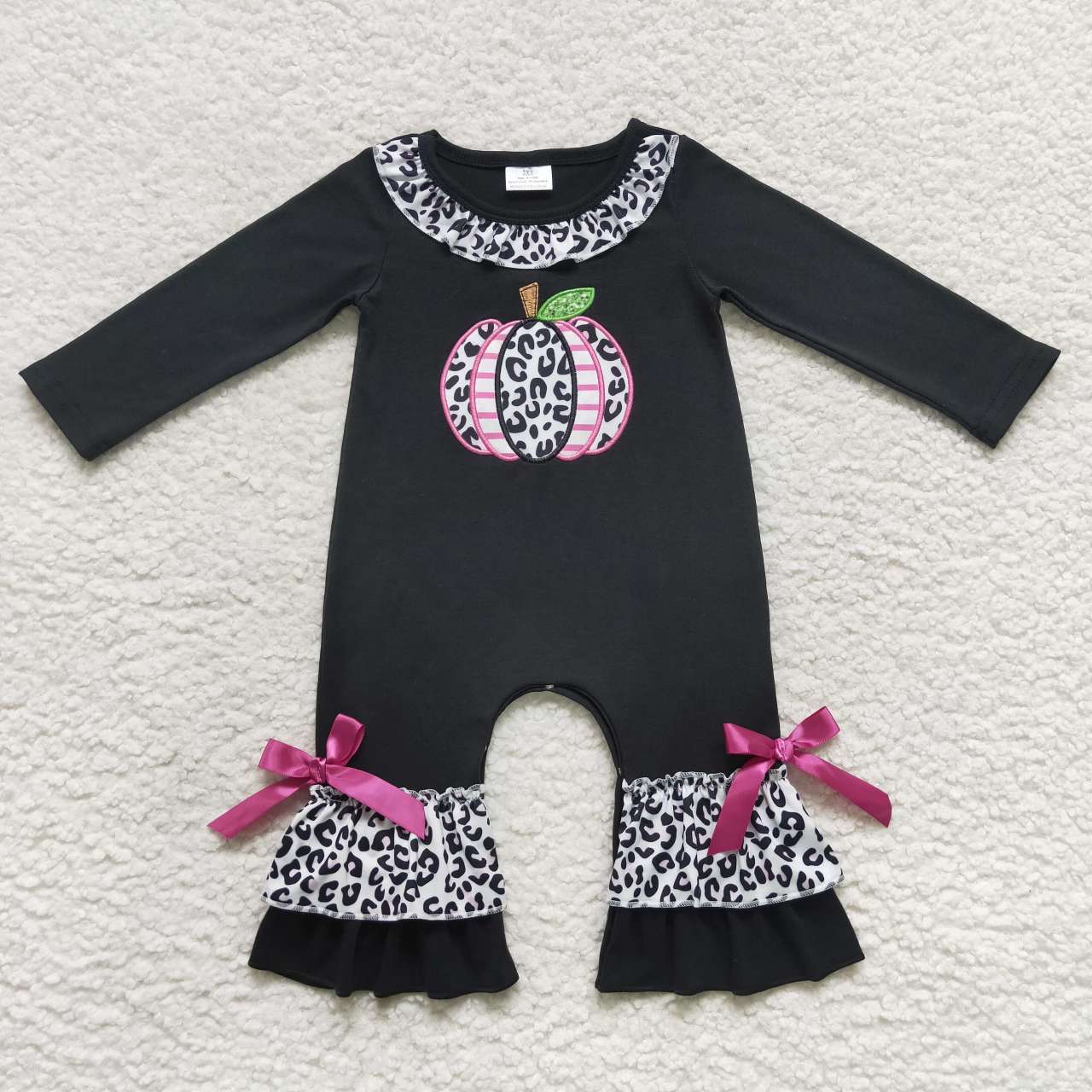 LR0618 Leopard pumpkin black long sleeve girls romper