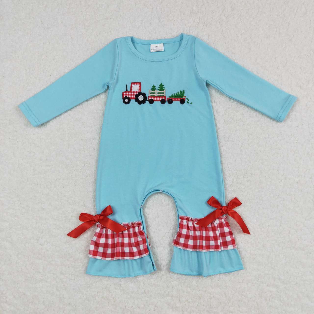 LR0499 Christmas Truck Tree Long Sleeve Girls Romper