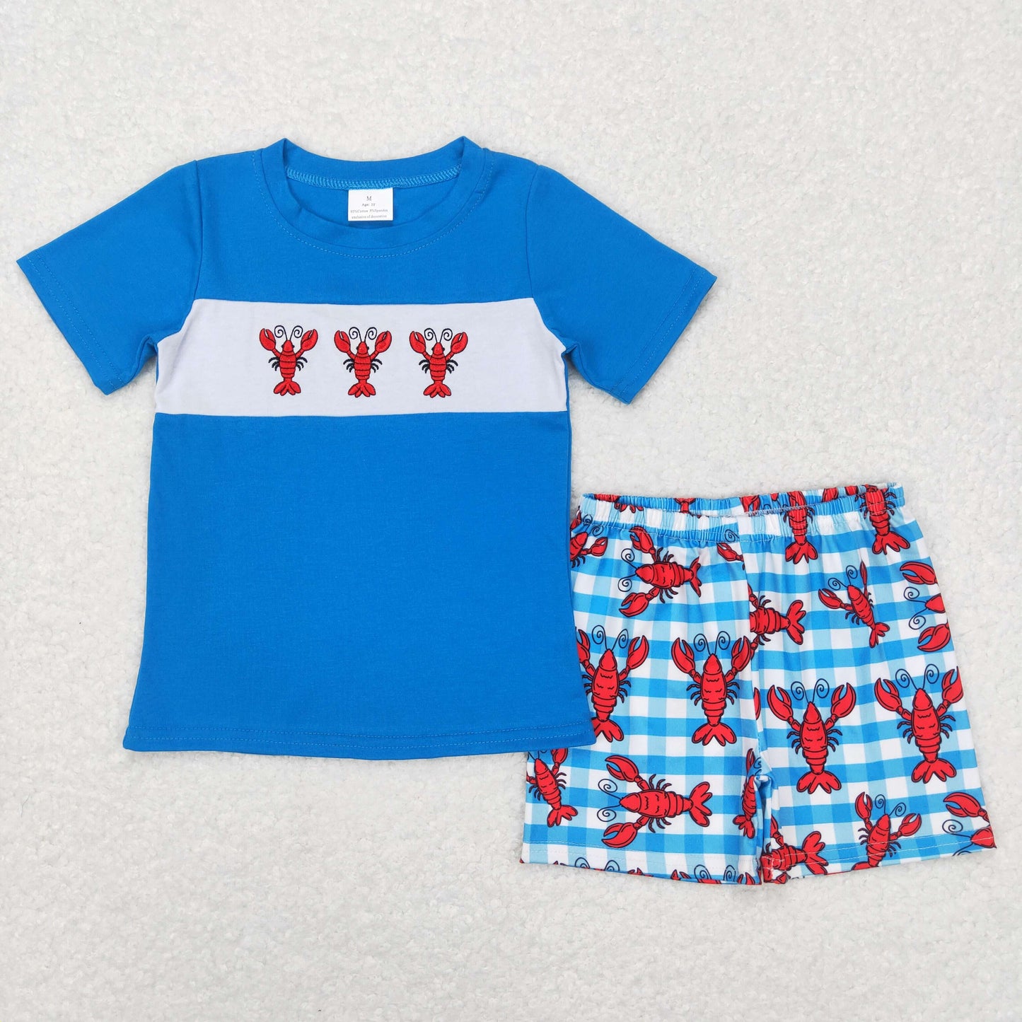 BSSO0280 Embroidery cray blue short sleeve checkered shorts boys set