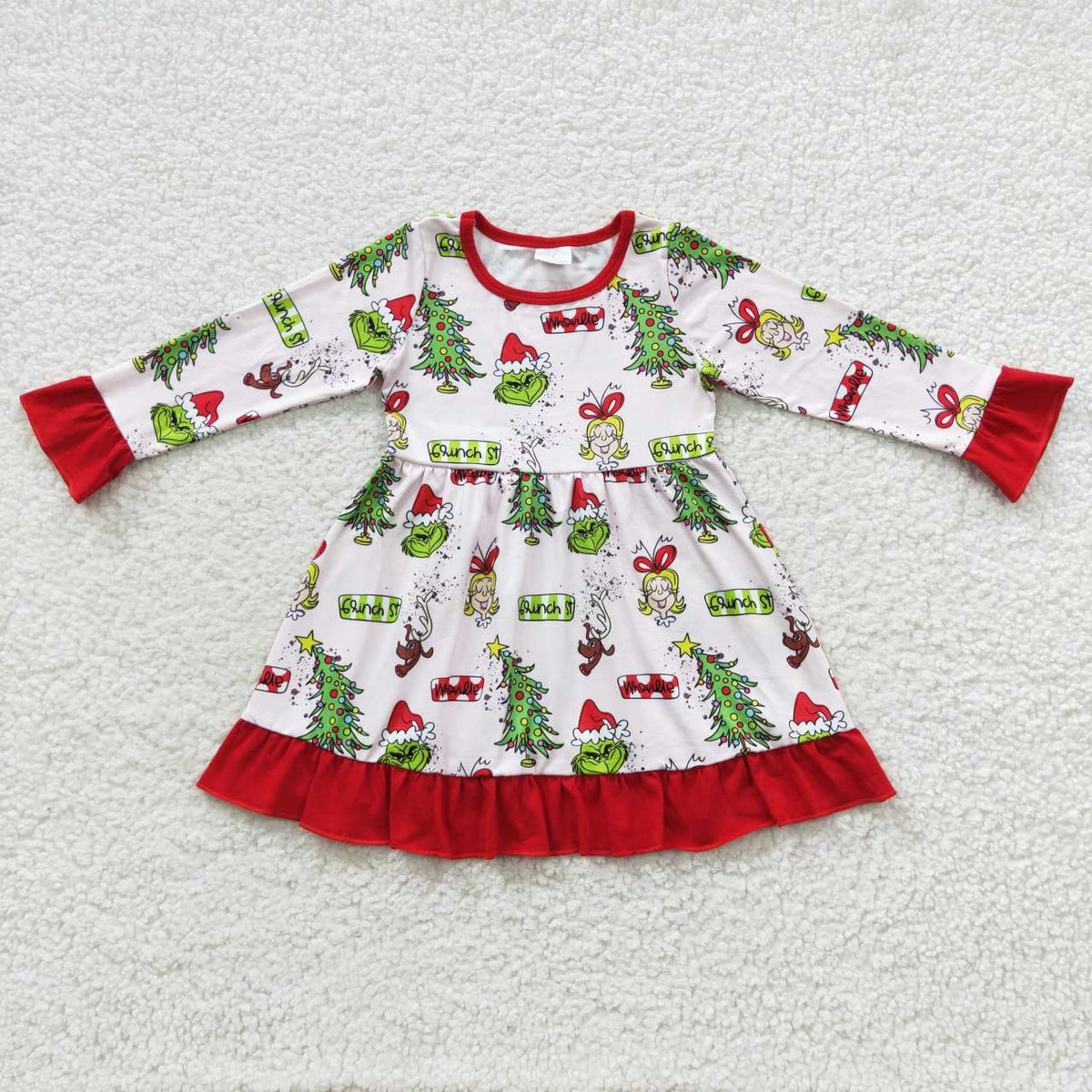 GLD0235 Christmas Green Face Cartoon Girl Long Sleeves Dress