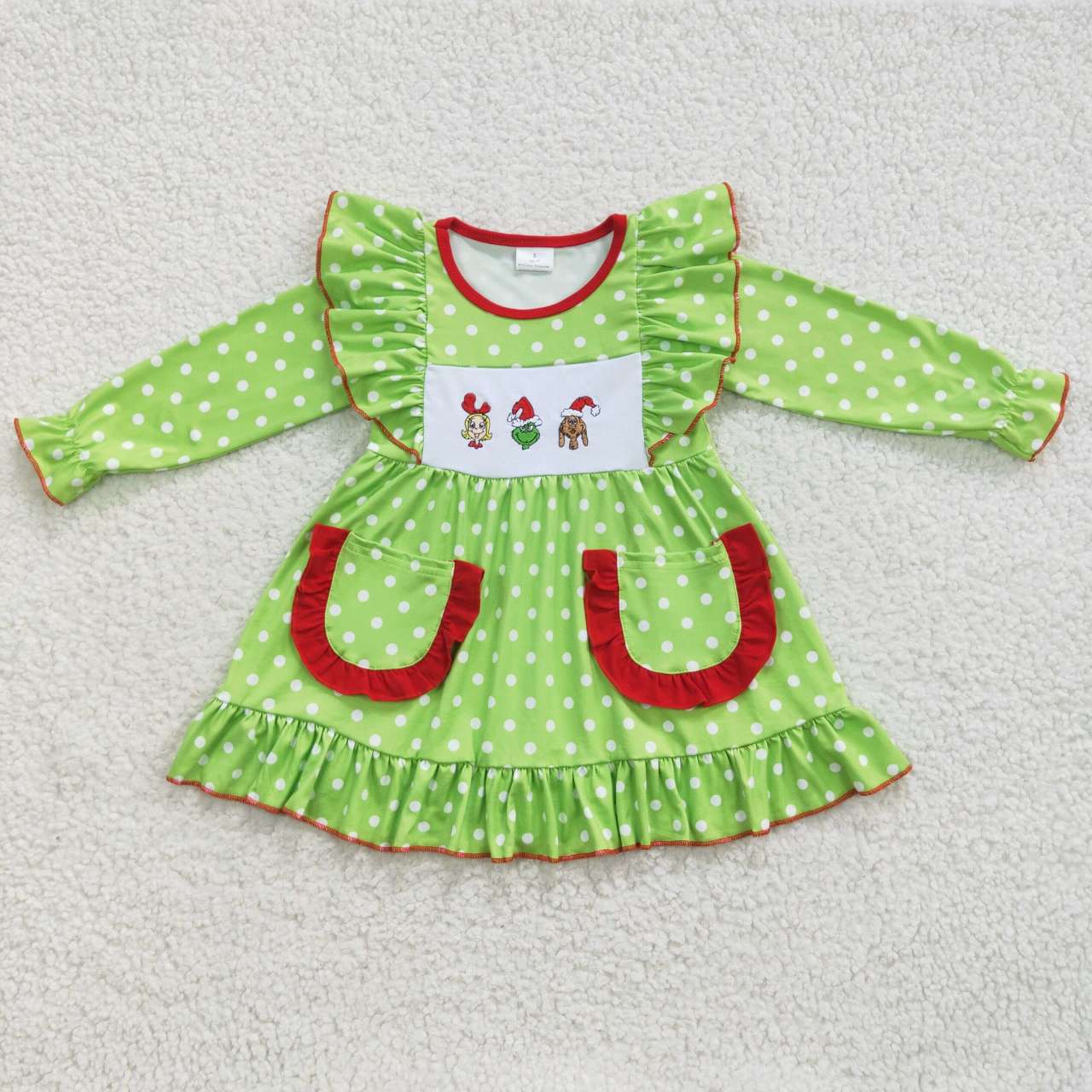 GLD0217 Christmas Green Face Dot Long Sleeves Girls Dress