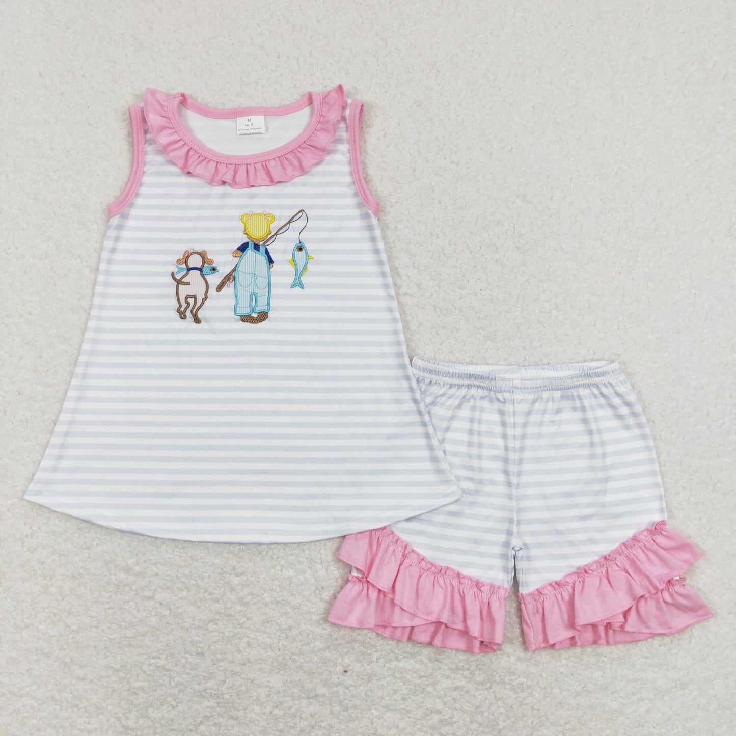GSSO0412 Embroidery Fishing Girl Dog Striped Sleeveless Pink Ruffles Shorts Girls Set
