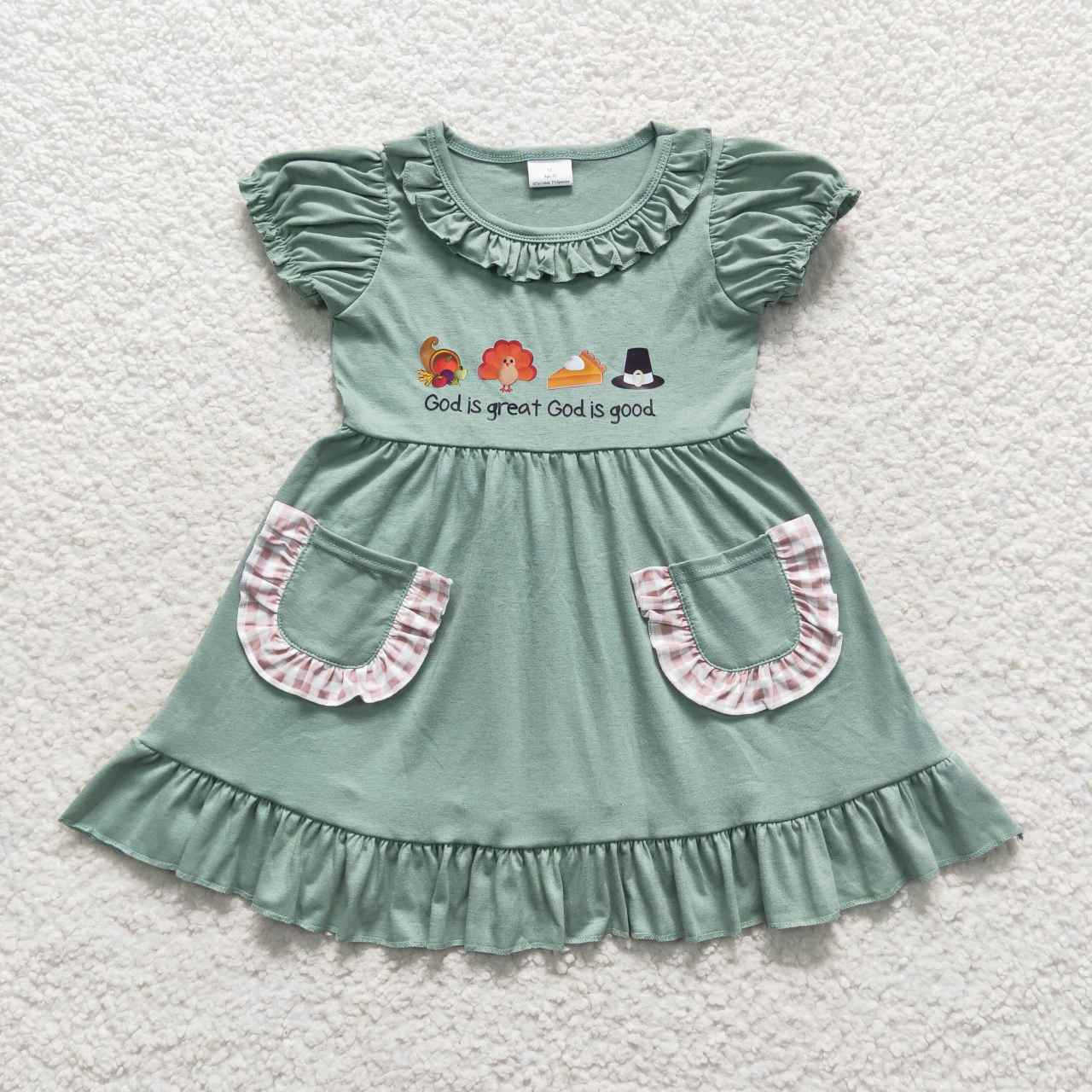 GSD0481 Thanksgiving turkey pie god is great god is good short sleeve girls dress