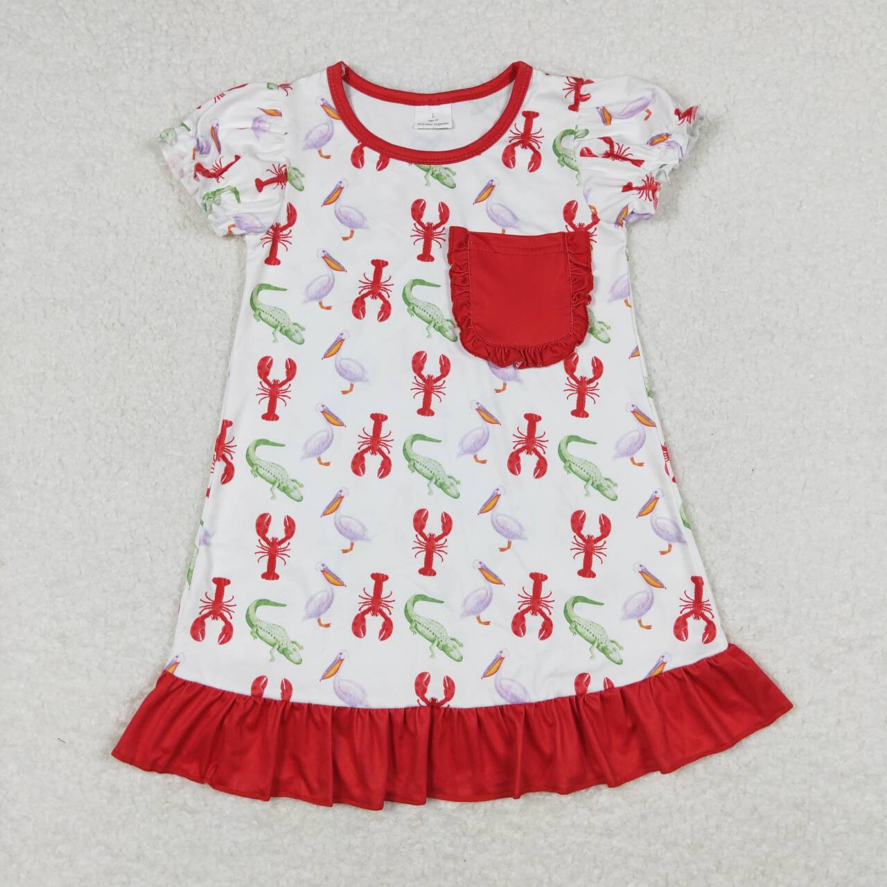 GSD0869 Crayfish crocodile red pocket short sleeve girls dress