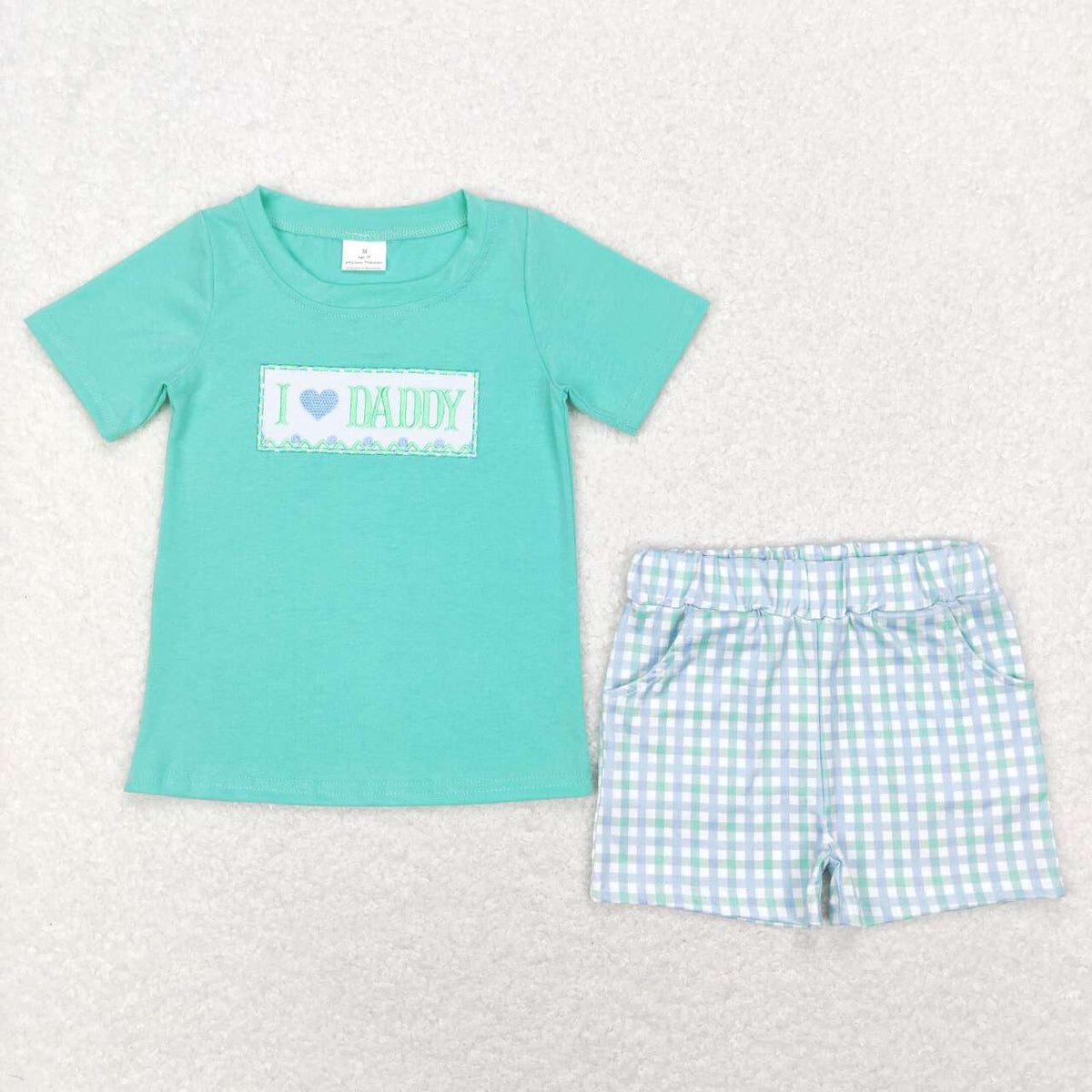 BSSO0406 I love daddy green short sleeve blue checkered pockets shorts boys set