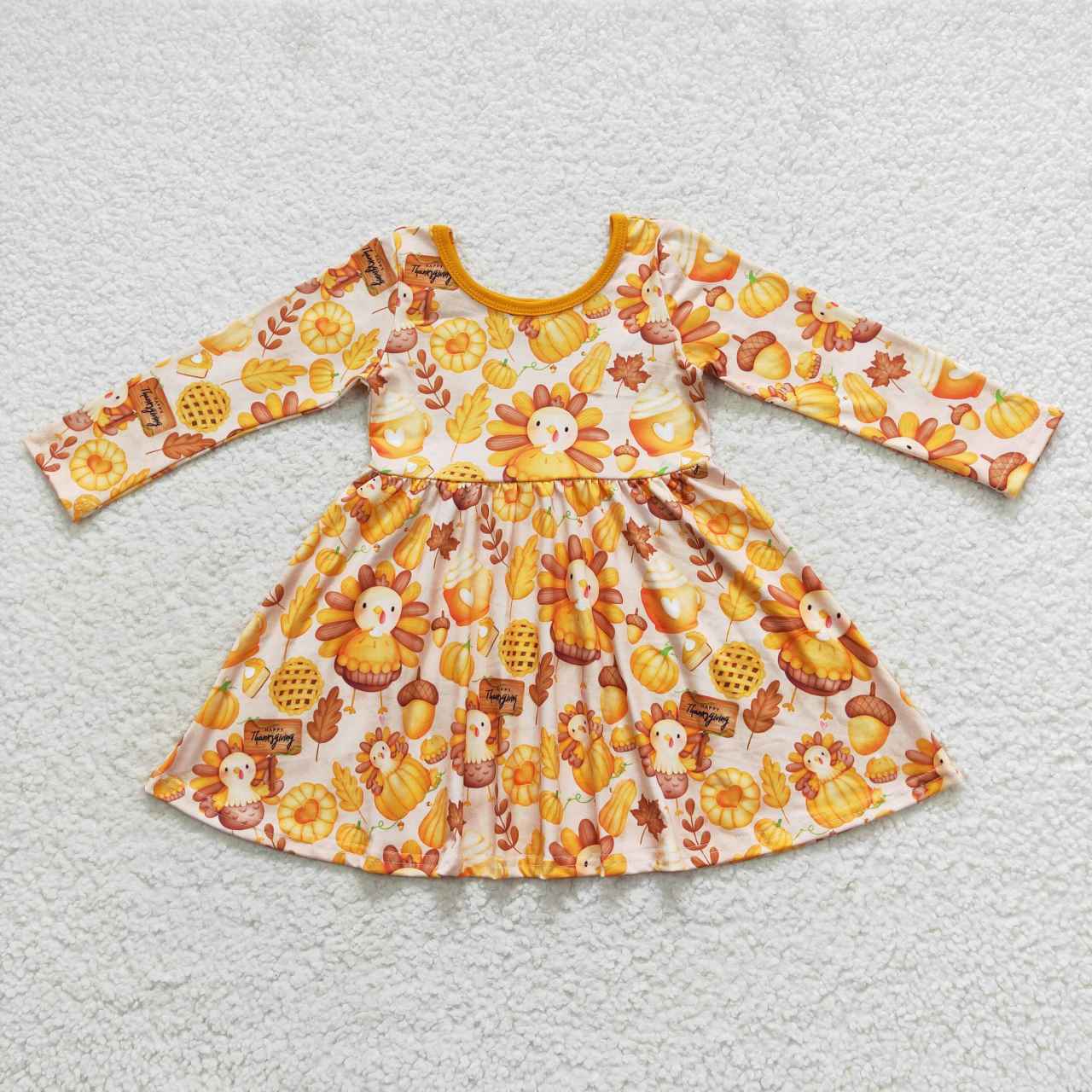 GLD0344 Thanksgiving turkey long sleeve girls dress