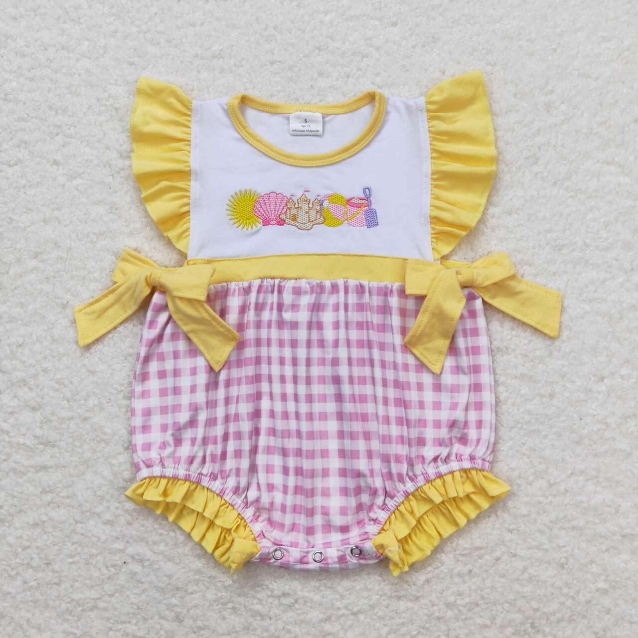 SR0701 embroidery Beach castle pink checkered yellow flutter sleeve girls romper