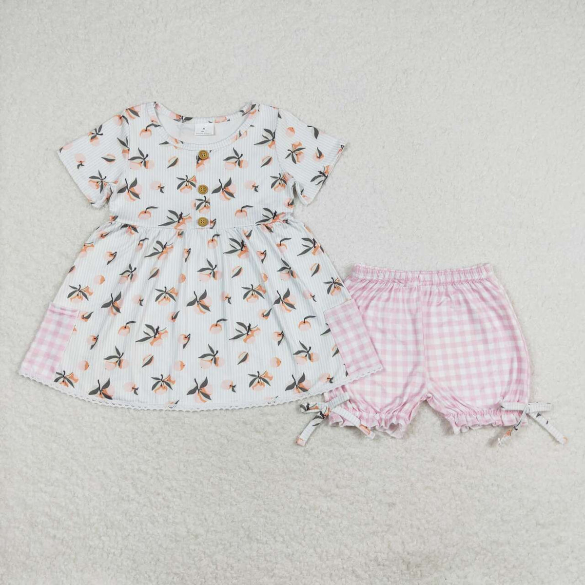GSSO1000 orange fruit short sleeve pink checkered shorts girls set