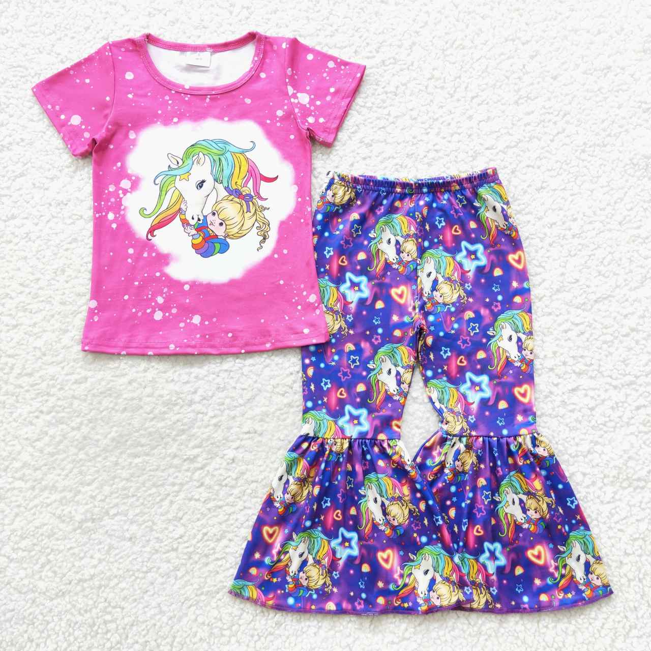 GSPO0730 Cartoon Girl Unicorn Short Sleeves Purple Pants Girls Clothes