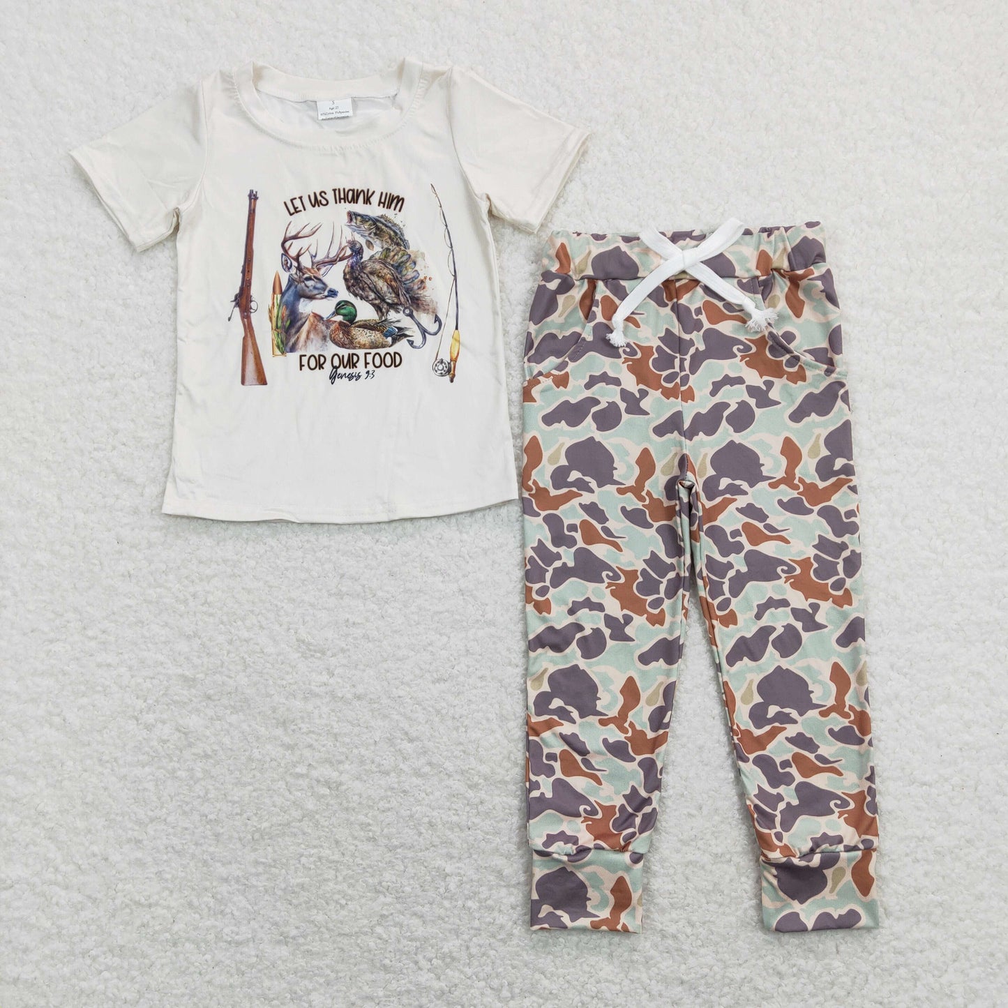 Hunting deer fish mallard short sleeve green camo pants boys set