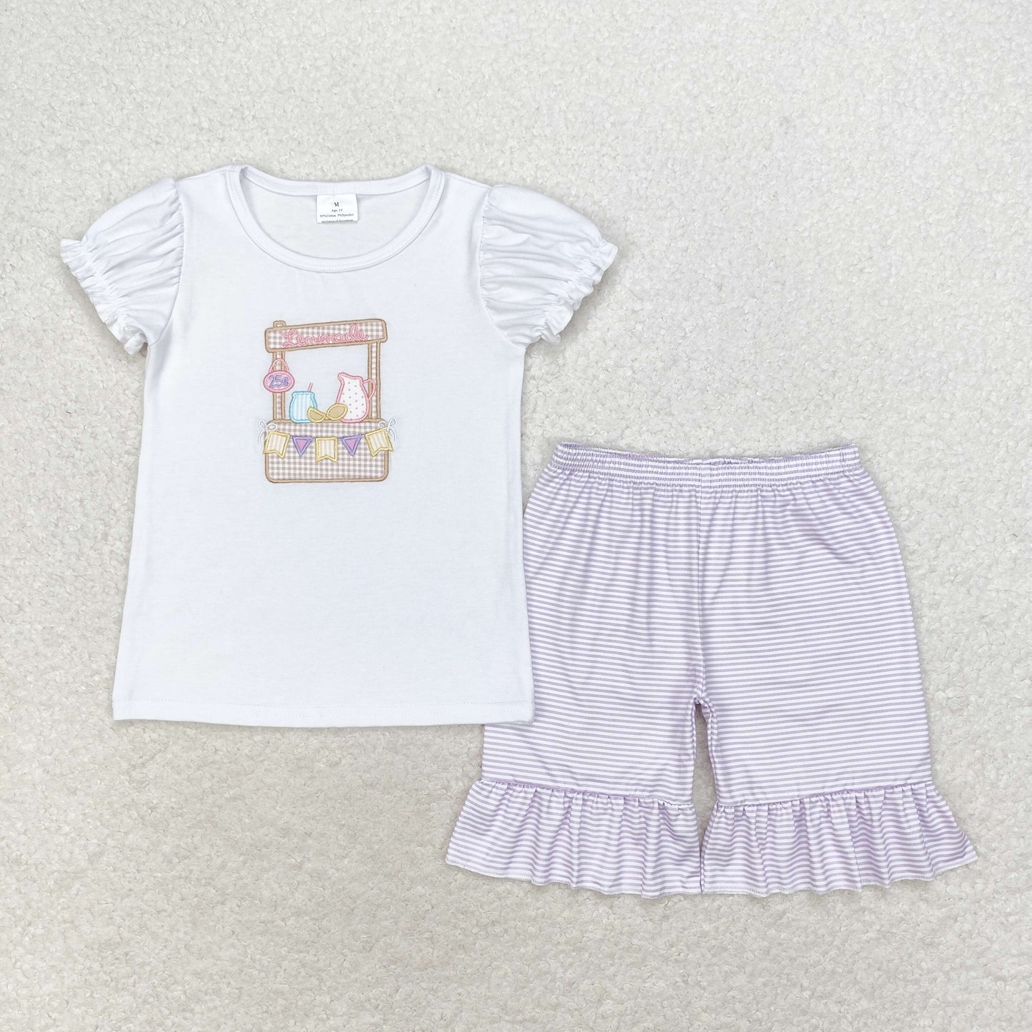 GSSO1240 embroidery lemon water short sleeve purple striped shorts girls set