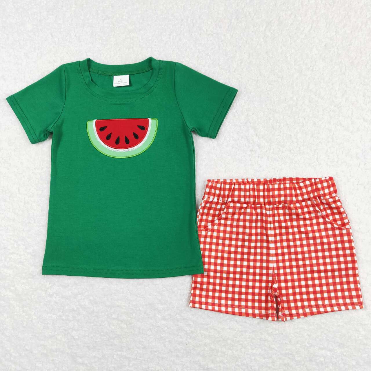 BSSO0345 Watermelon green short sleeve red checkered shorts boys set