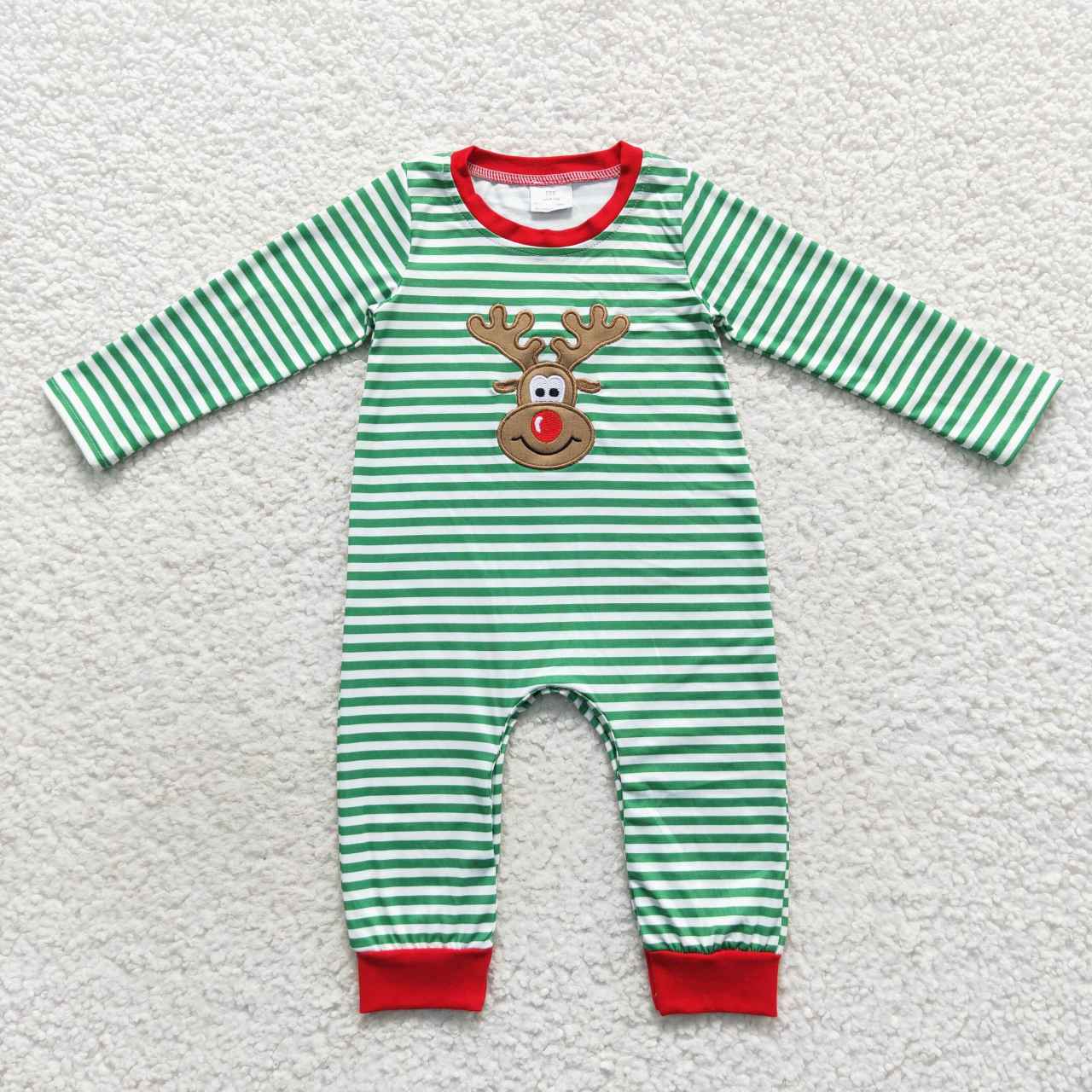 USA SHOP LR0338 Christmas Embroidery Deer Green Striped Boys Romper