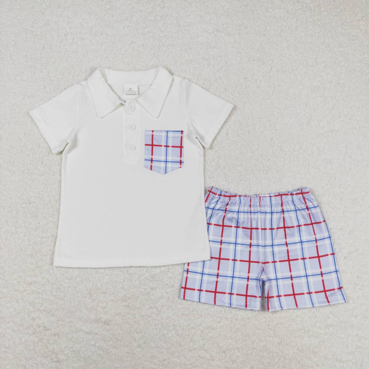 BSSO0651 White pocket short sleeve blue checkered shorts boys set