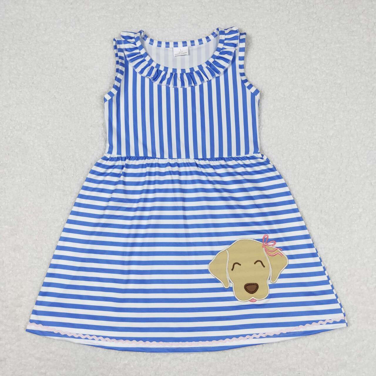 GSD0934 embroidery Dog navy blue striped sleeveless girls dress