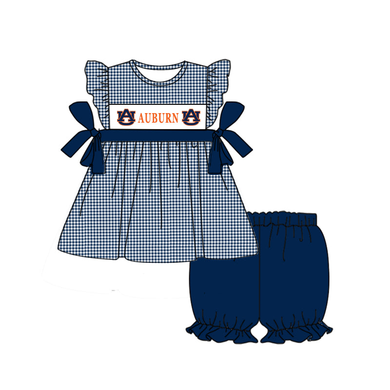 custom S auburn navy blue checkered flutter sleeve navy blue shorts girls set