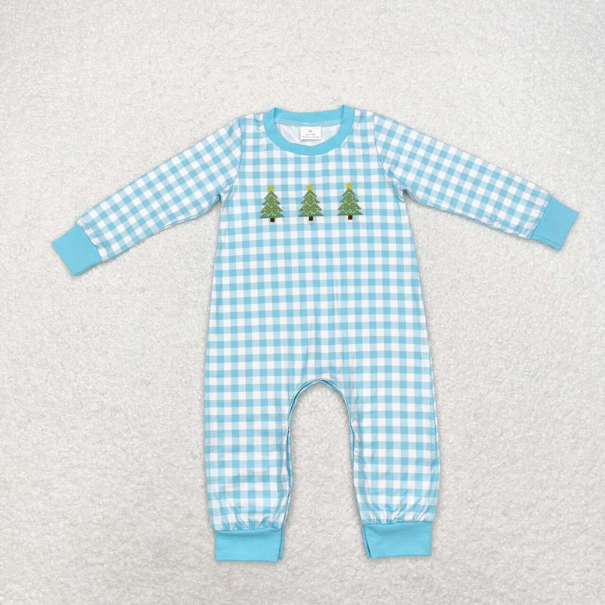embroidery LR1366 Christmas tree blue checkered long sleeve boys romper