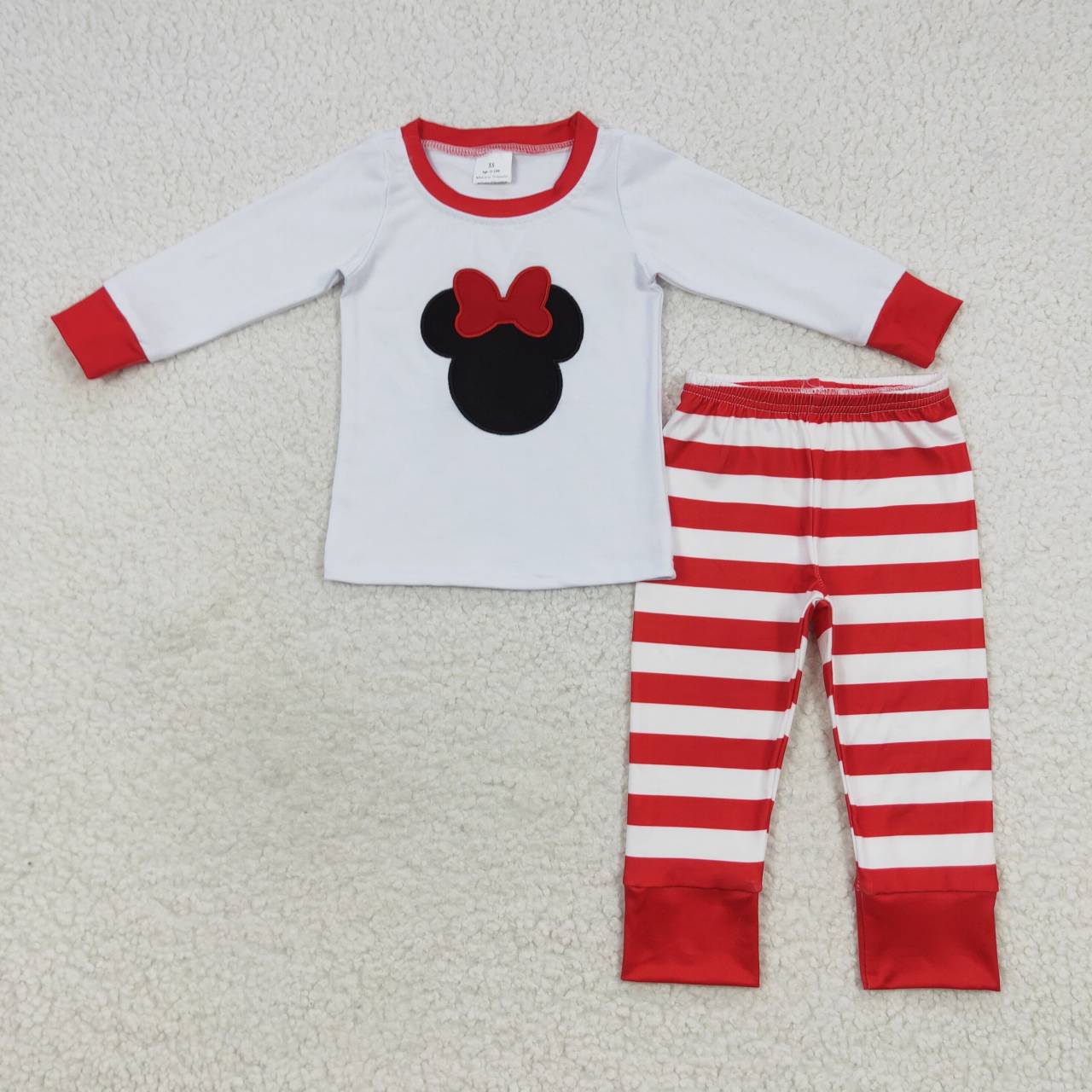 GLP0508 Christmas Cartoon White Long Sleeves Red Striped Print Pants Girls Pajamas