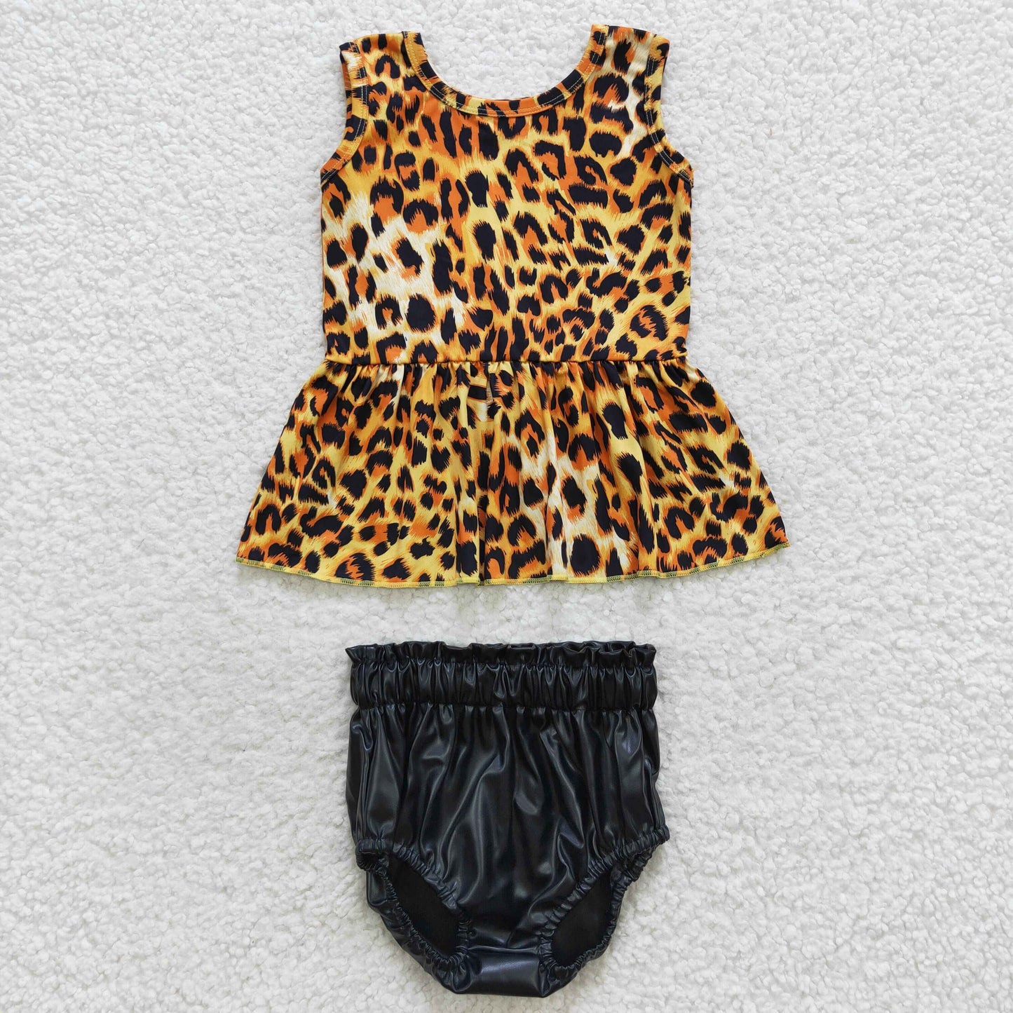 GBO0164 Leopard Sleeveless Top Black Leather Girls Bummies Set