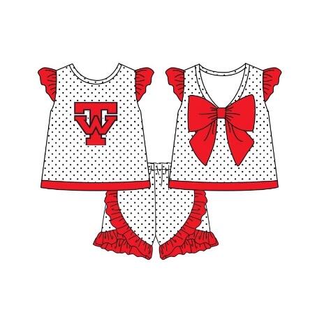 custom style TW red dot bow flutter sleeve shorts girls set
