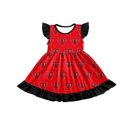 custom style TW red flutter sleeve girls bows dress
