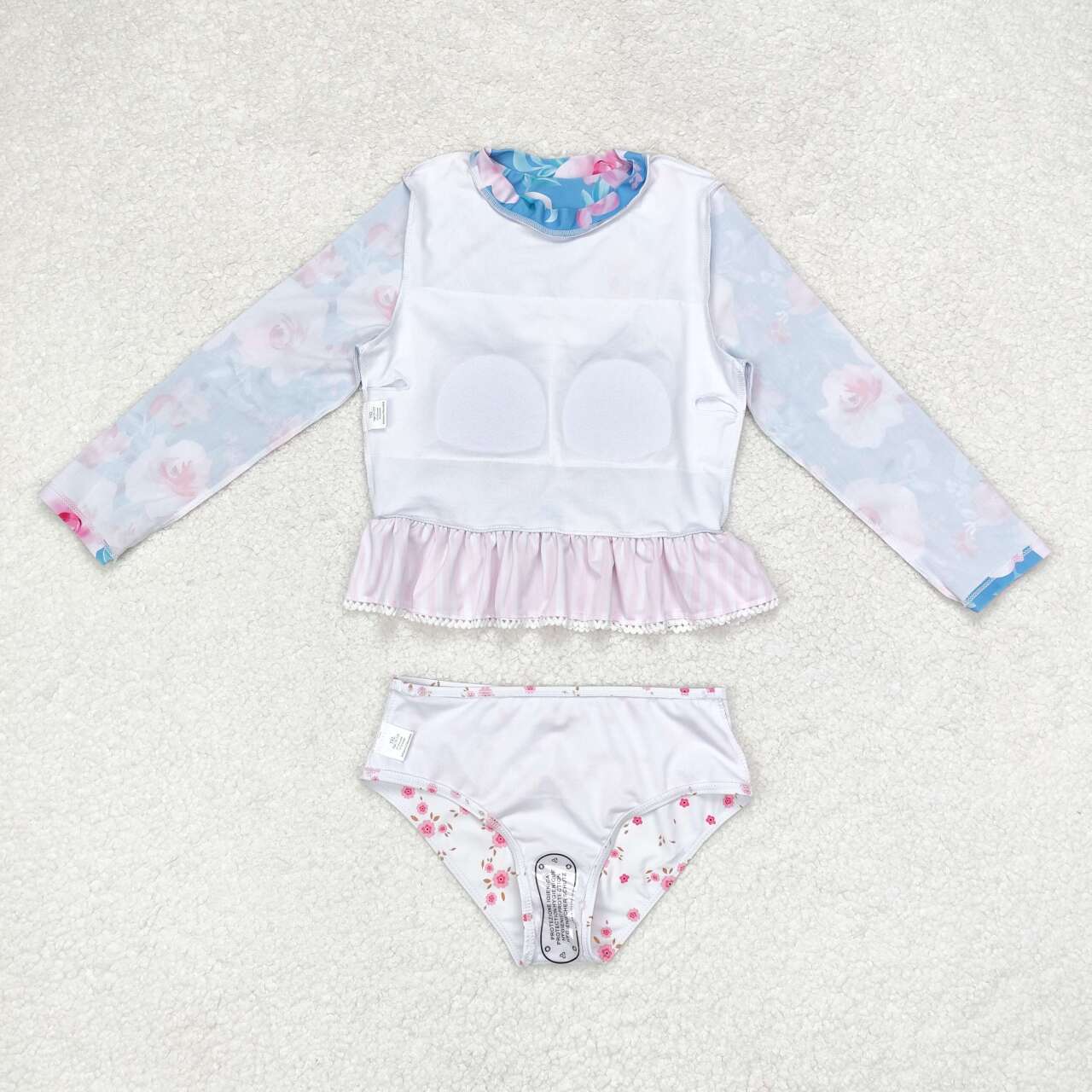 S0168 hot pink flowers blue long sleeve 2pcs girls swimsuits