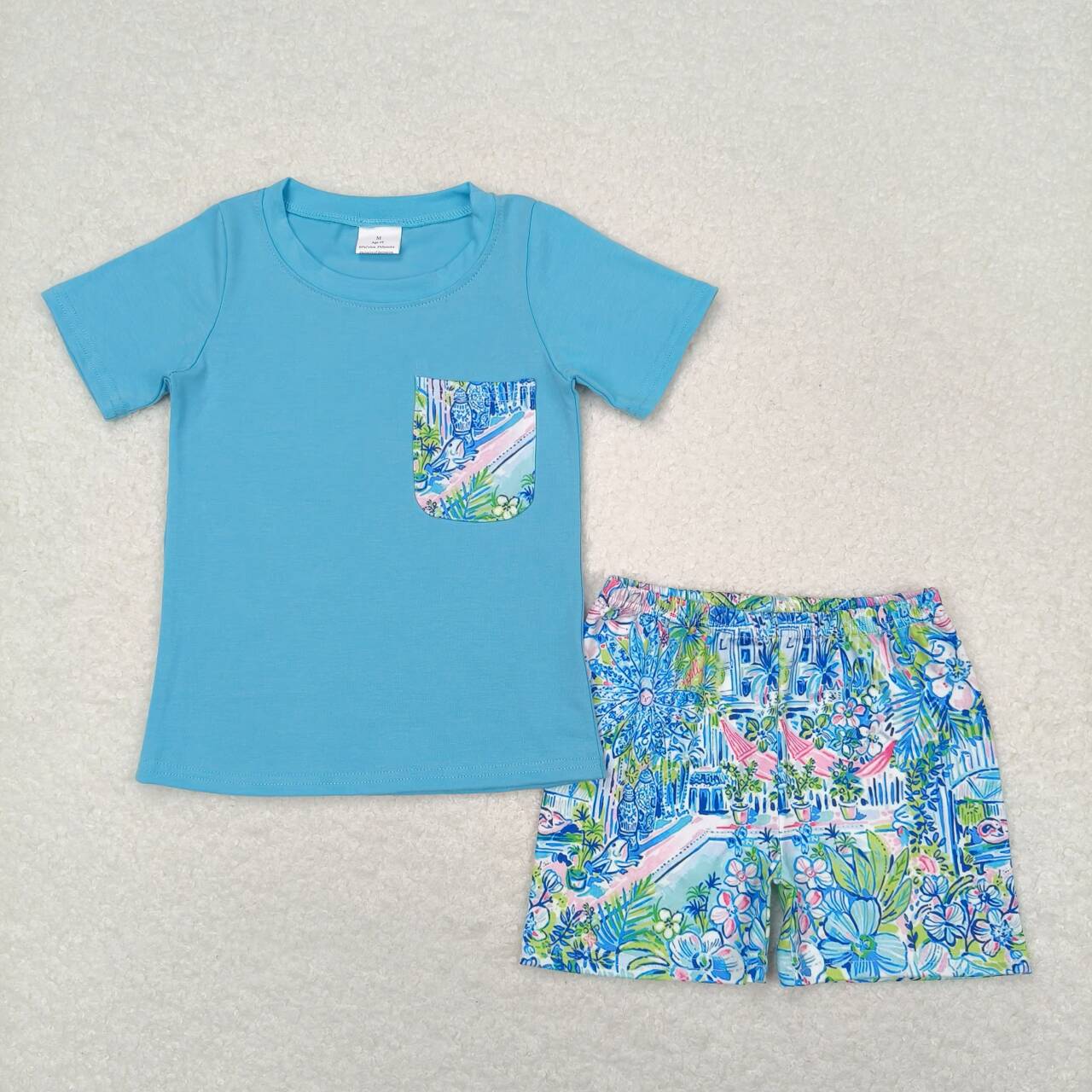 BSSO0840 blue flowers house blue pocket short sleeve colorful print shorts boys set