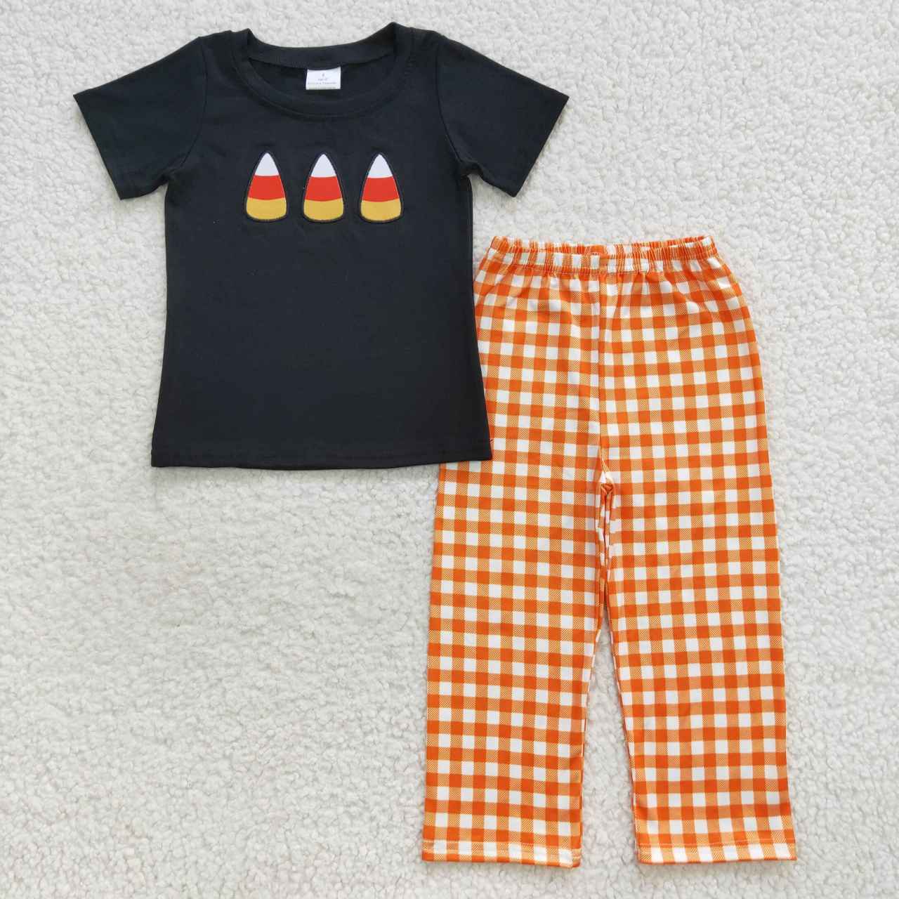 BSPO0121 Halloween Colorful Sugar Black Short Sleeves Orange Pants Boys Set