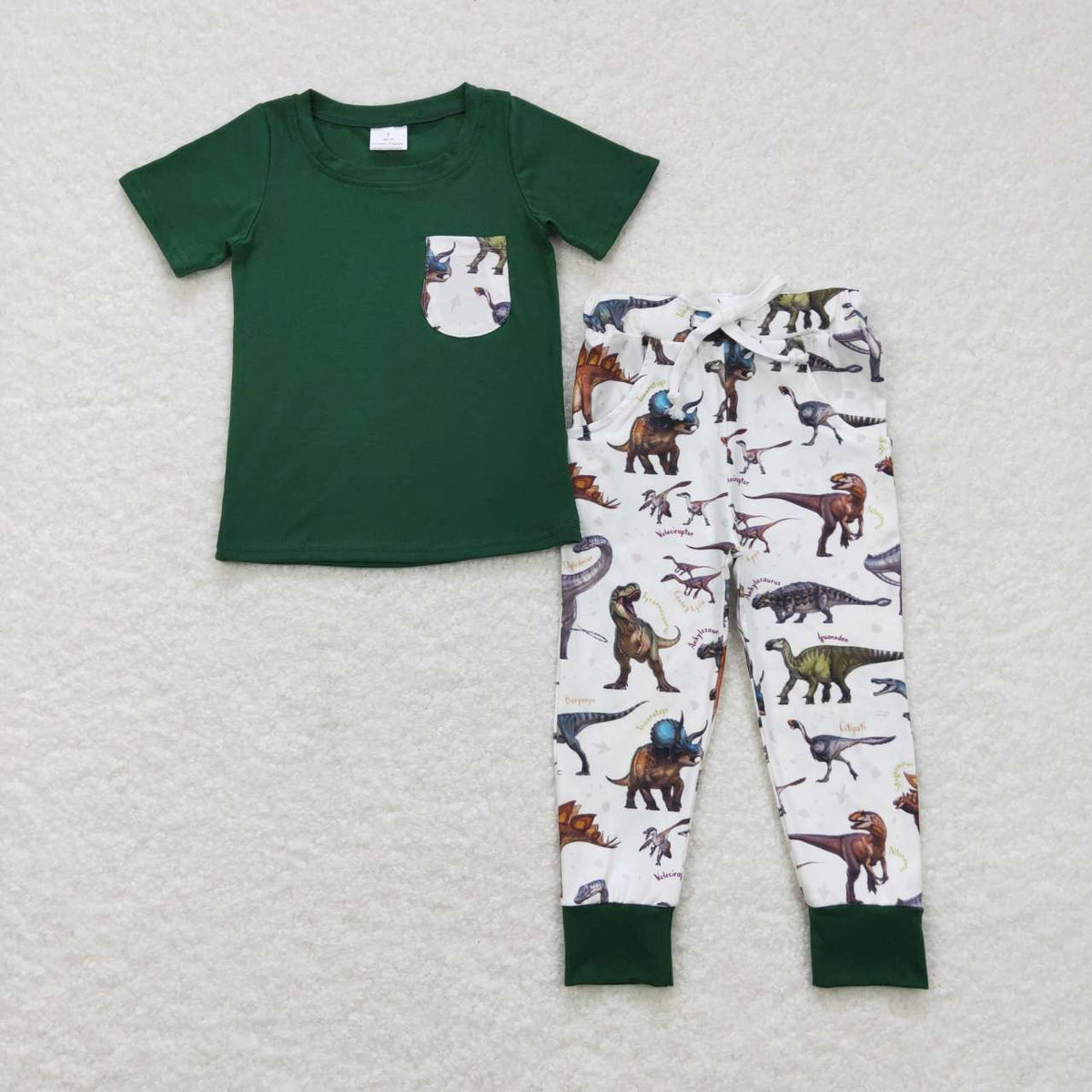 BSPO0181 Dinosaur green pocket short sleeve white pants boys set
