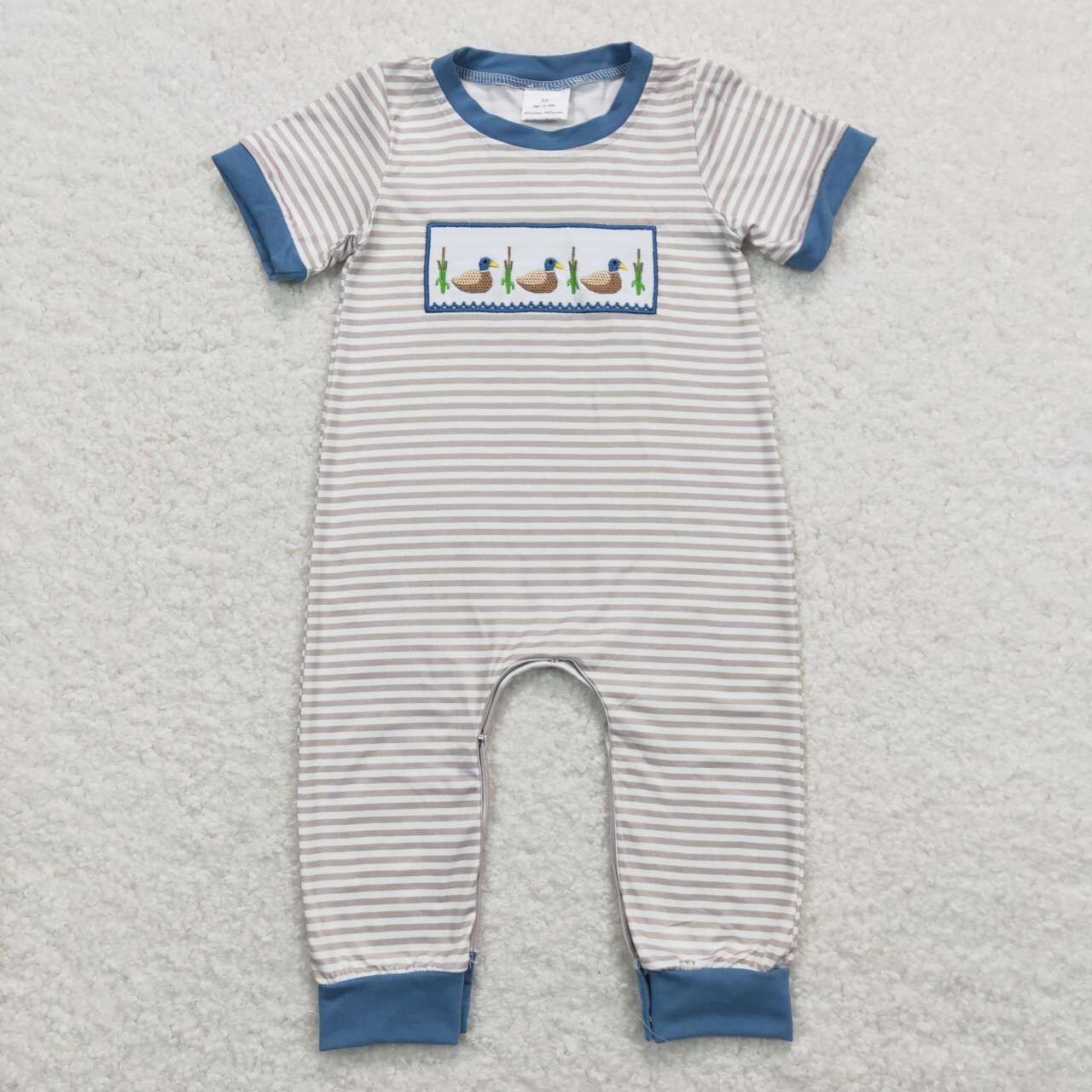 SR0947 embroidery Hunting Mallard Striped Short Sleeve Boys Romper