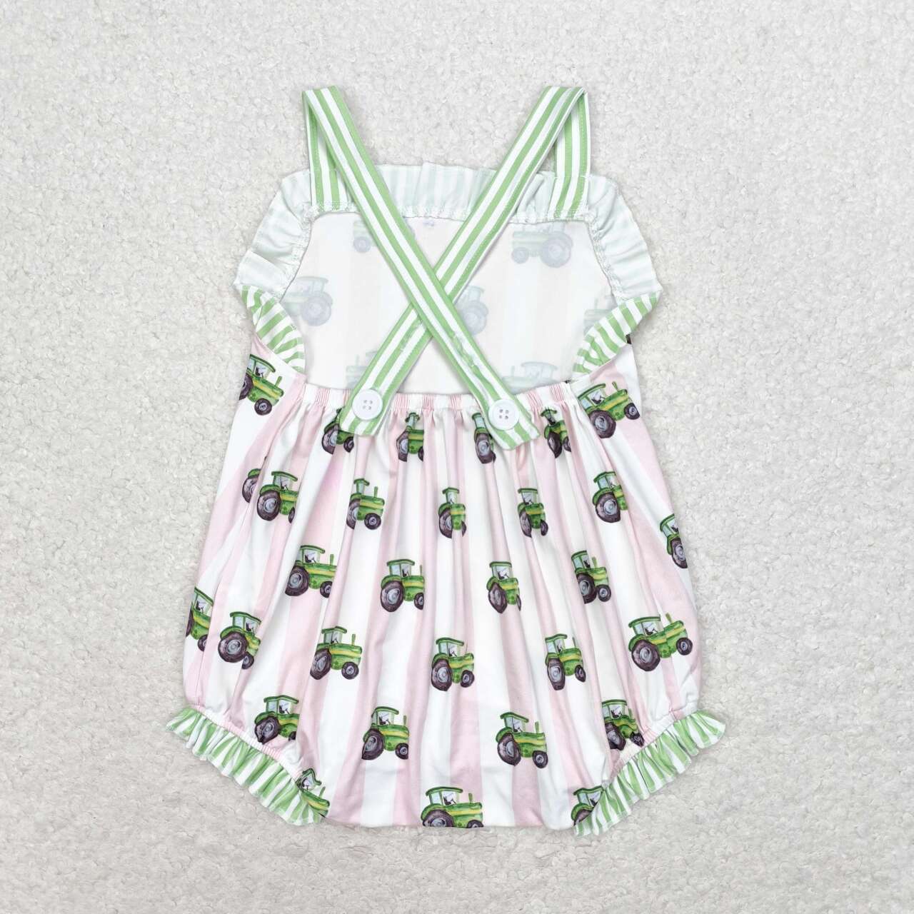 SR1543 Farm pink striped tractor green sleeveless girls romper