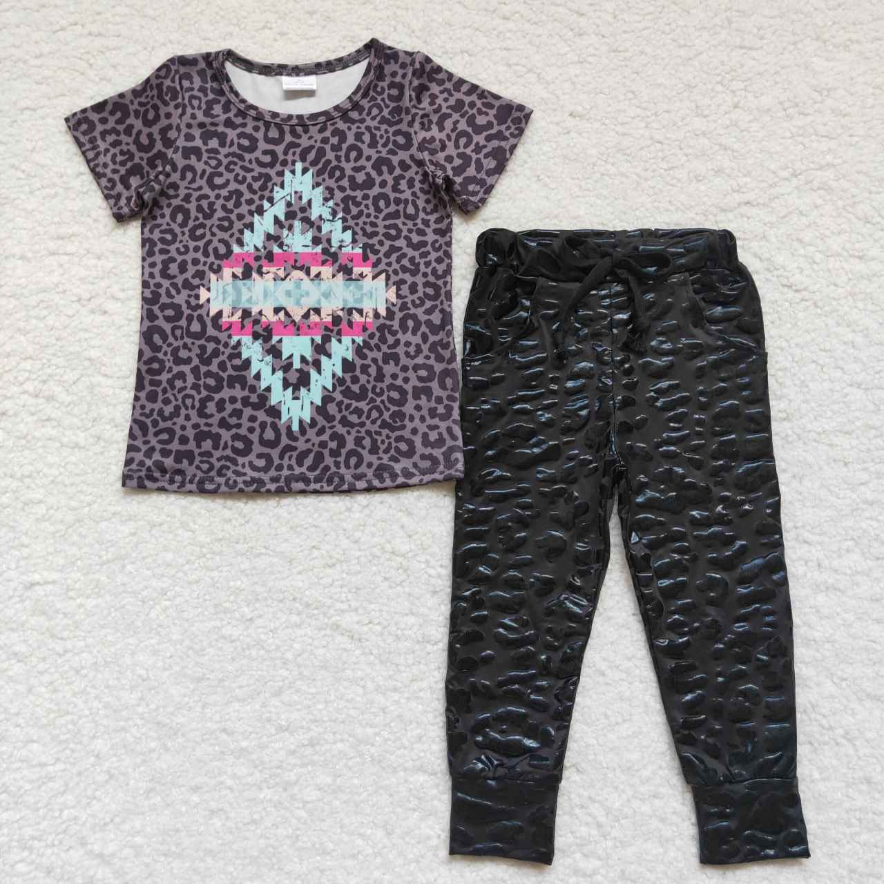 GSPO0822 Geometric Pattern Leopard Short Sleeve Girls Top Black Dot Leather pants Girls Set