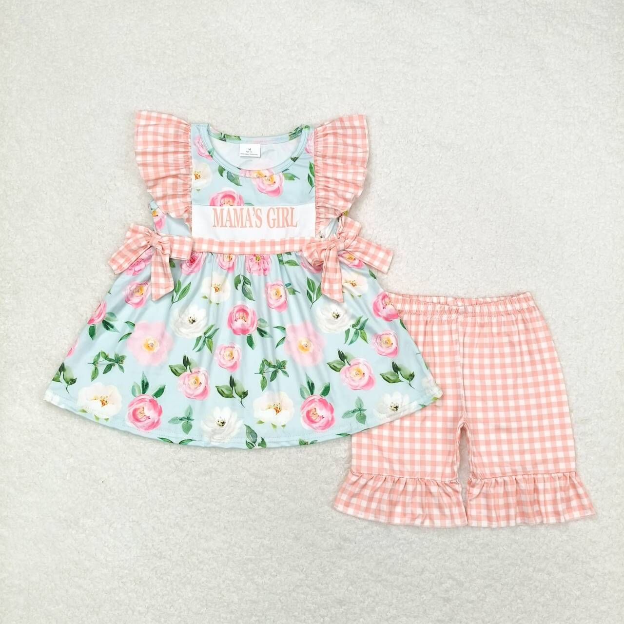 GSSO0803 mamas girl flowers flutter sleeve pink checkered shorts girls set