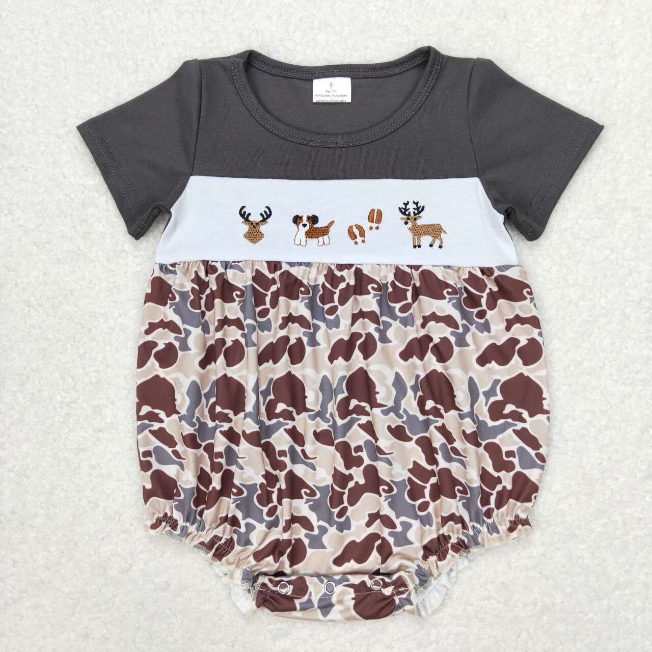SR1243 embroidery Hunting deer dog camo short sleeve kids romper