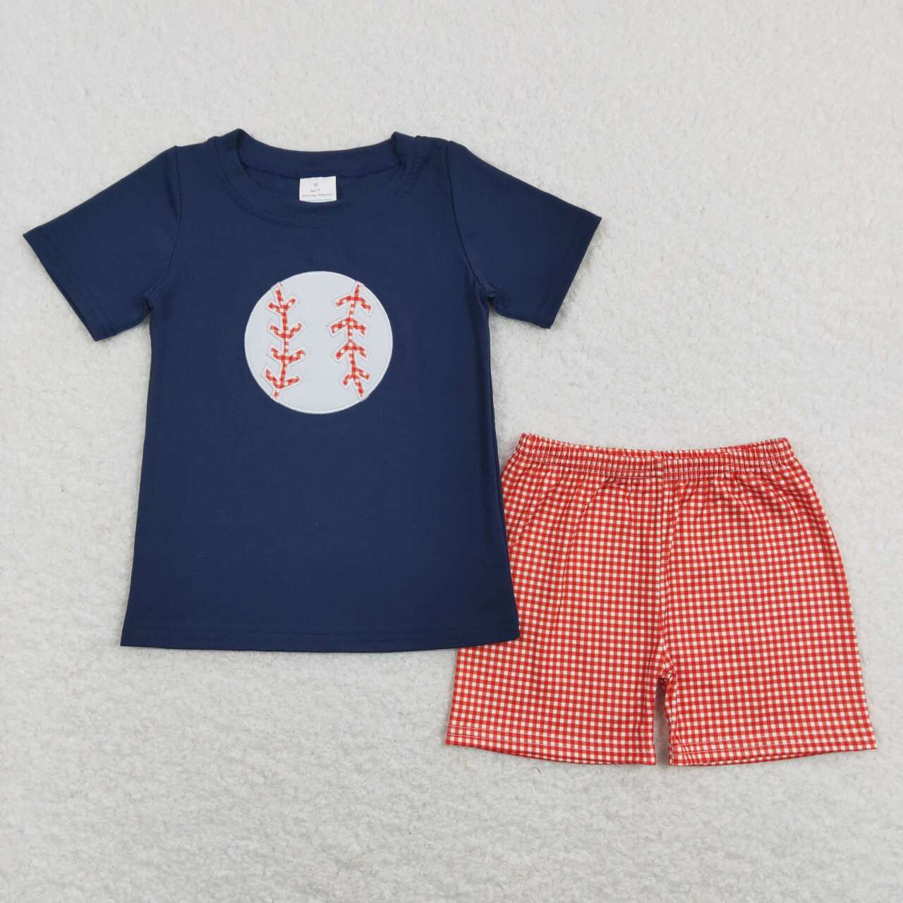 BSSO0404 Embroidery Baseball black short sleeve red checkered shorts boys set
