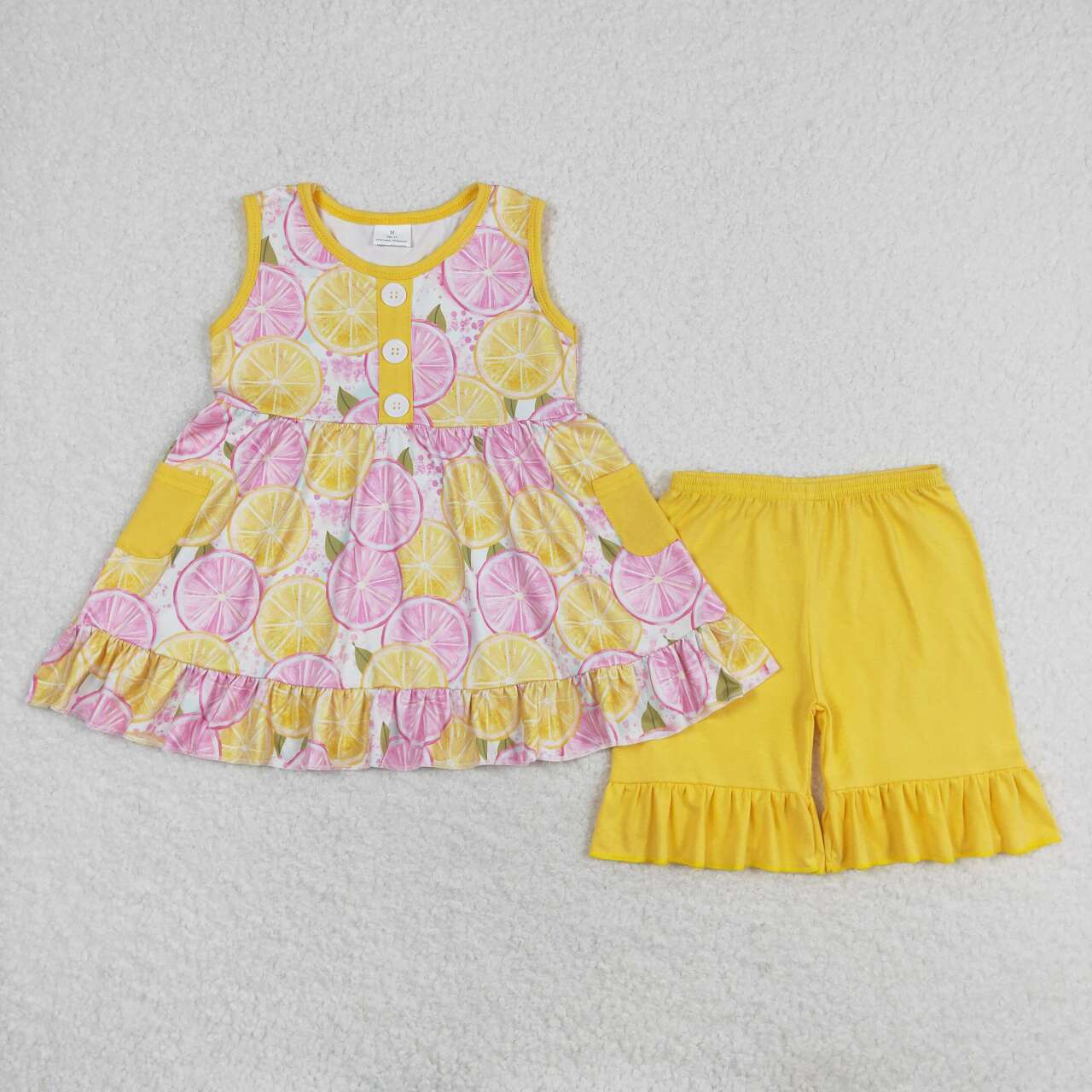 GSSO1079 yellow & pink lemon pocket sleeveless yellow shorts girls set