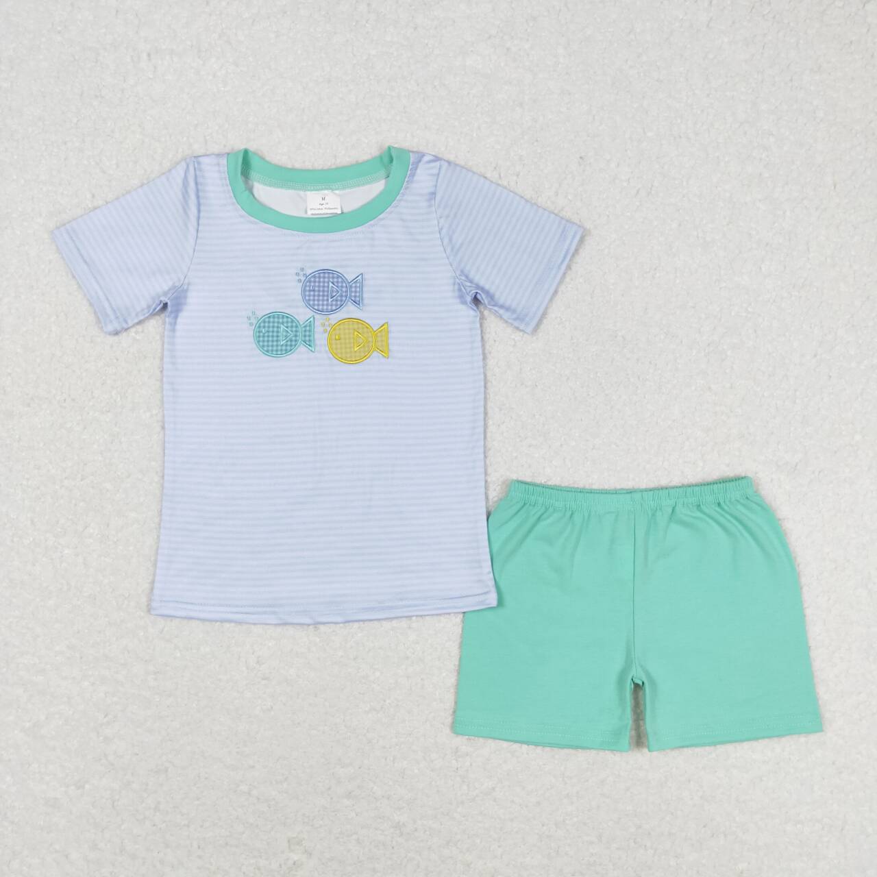 BSSO0587 embroidery Fishing blue striped short sleeve green shorts boys set