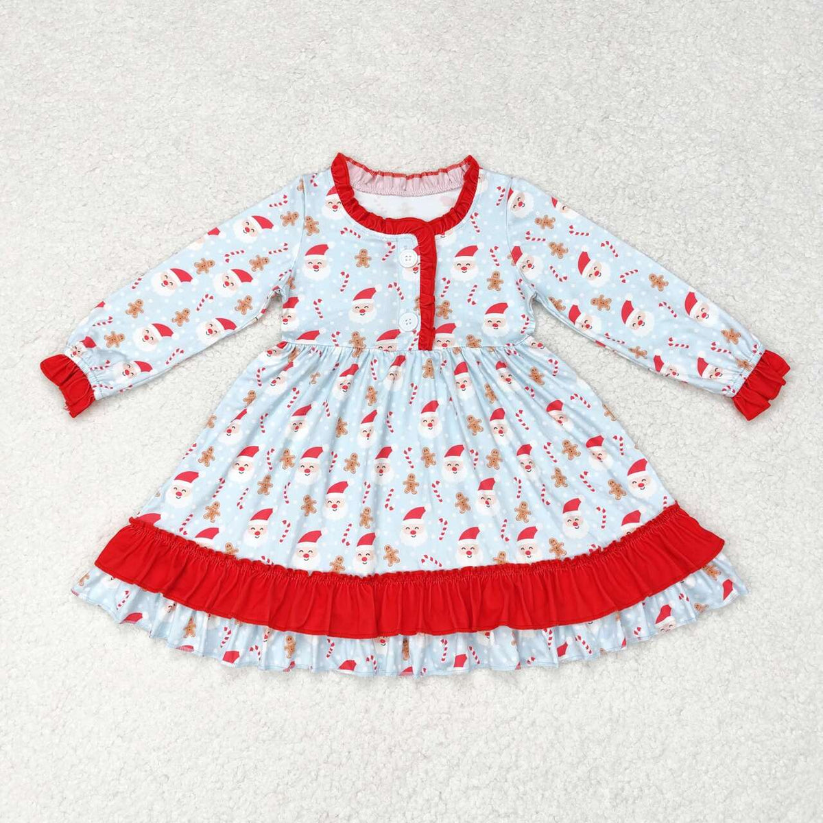 GLD0556 Christmas Santa gingerbread man blue long sleeve girls dress