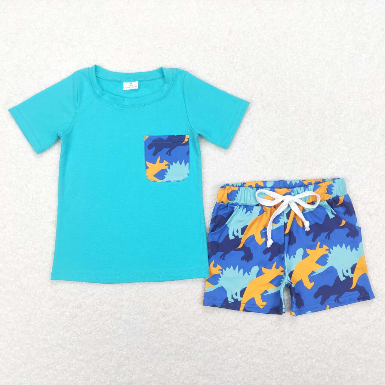 BSSO0444 Dinosaur Blue Pocket Short Sleeve Shorts Boys Set