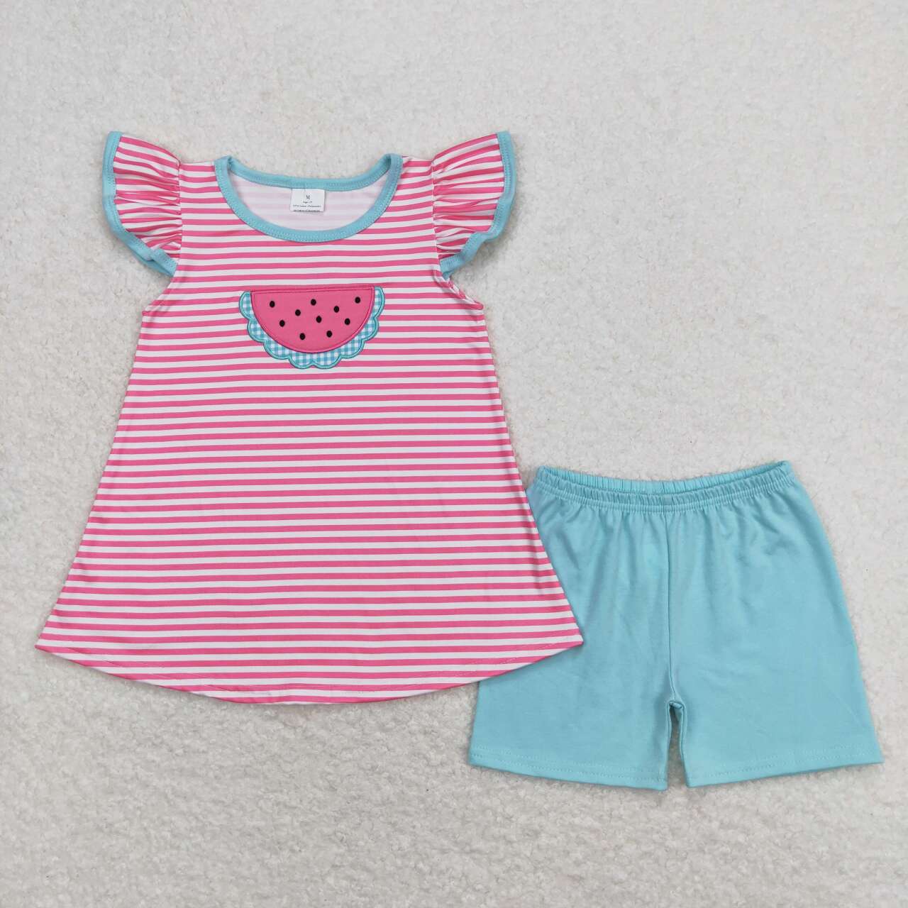 GSSO0834 embroidery watermelon red striped flutter sleeve blue shorts girls set