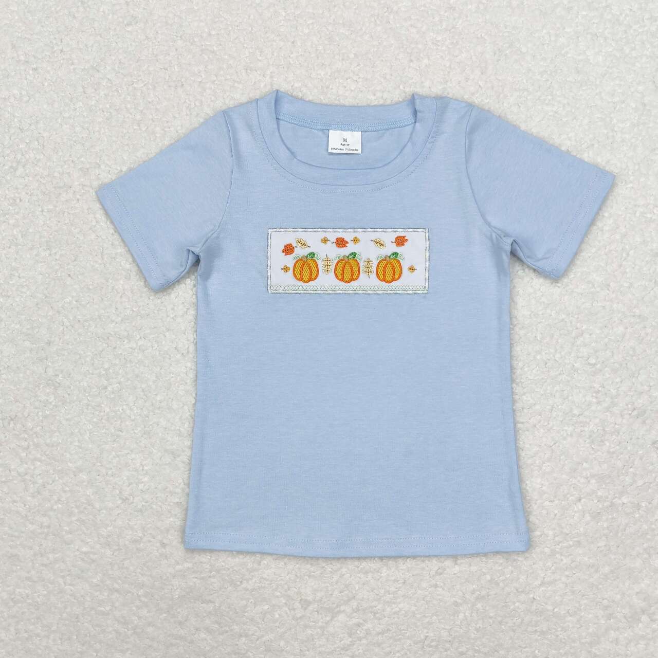 embroidery BT0833 Autumn pumpkin blue short sleeve boys top